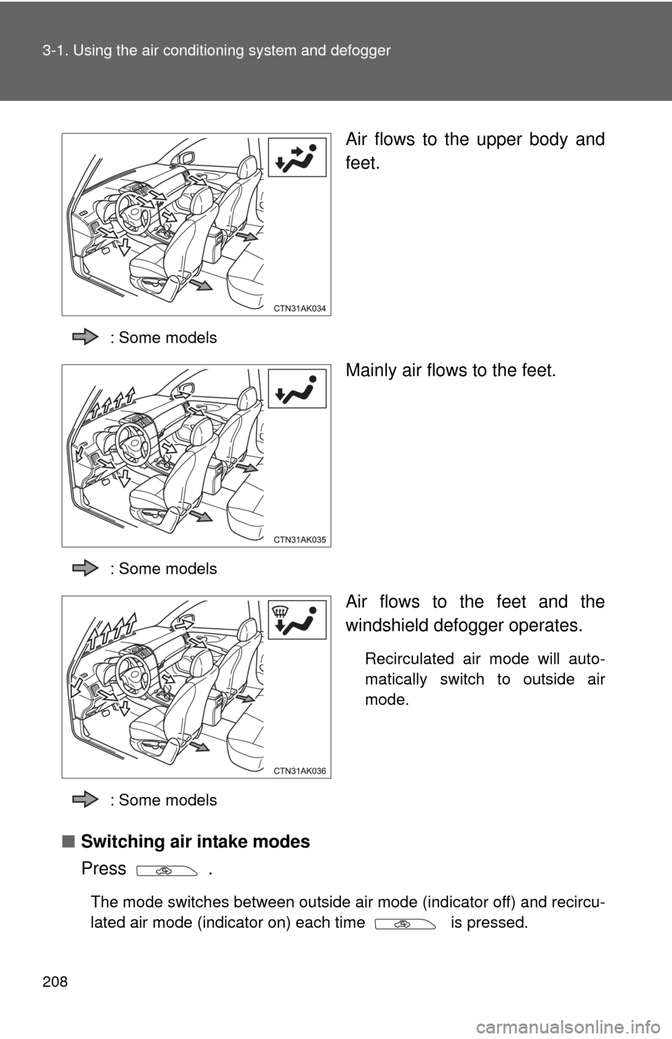 TOYOTA COROLLA 2013 11.G Owners Manual 208 3-1. Using the air conditioning system and defogger
Air flows to the upper body and
feet.
: Some models
Mainly air flows to the feet.
: Some models
Air flows to the feet and the
windshield defogge