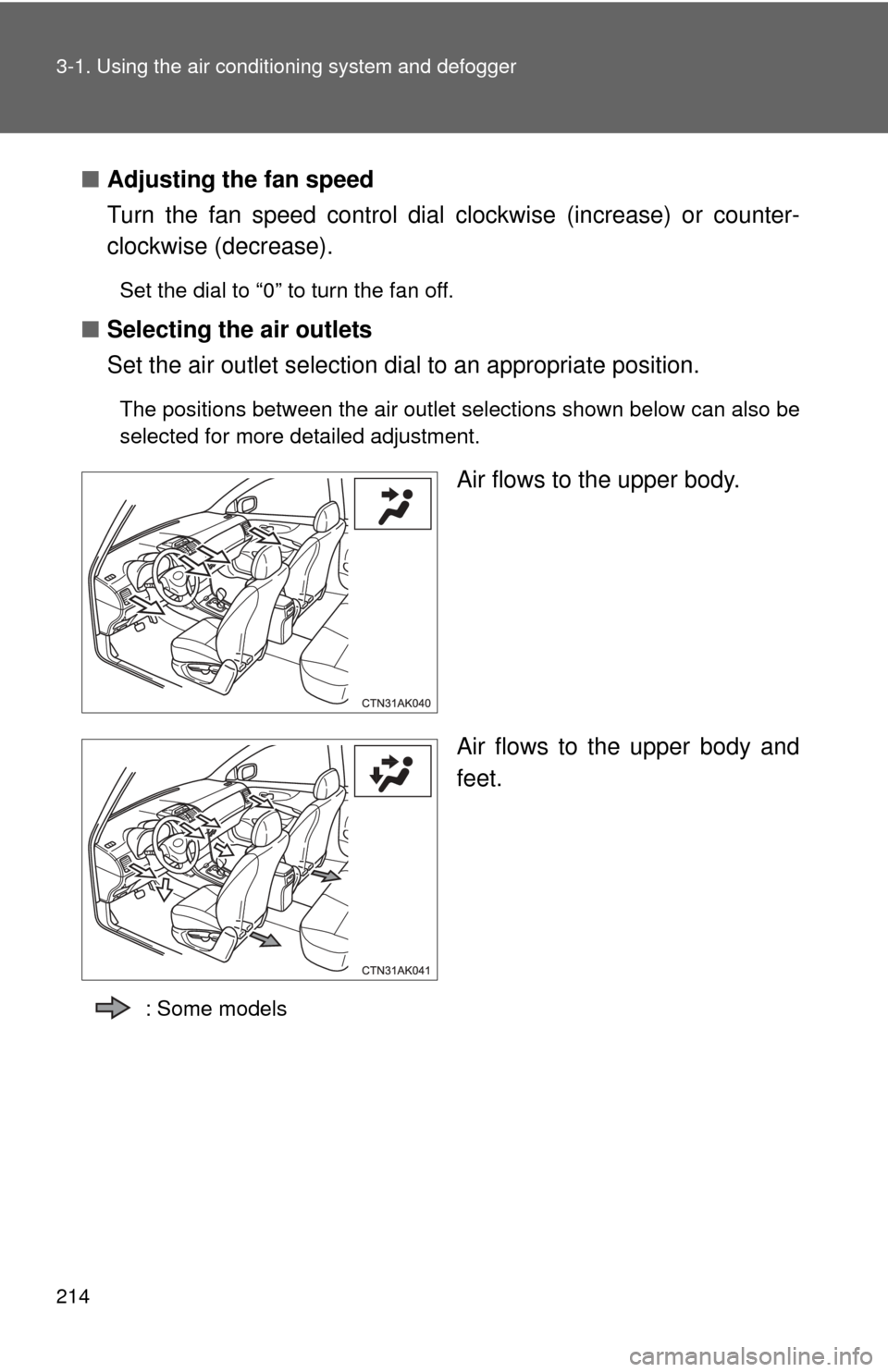 TOYOTA COROLLA 2013 11.G Owners Manual 214 3-1. Using the air conditioning system and defogger
■Adjusting the fan speed
Turn the fan speed control dial  clockwise (increase) or counter-
clockwise (decrease).
Set the dial to “0” to tu