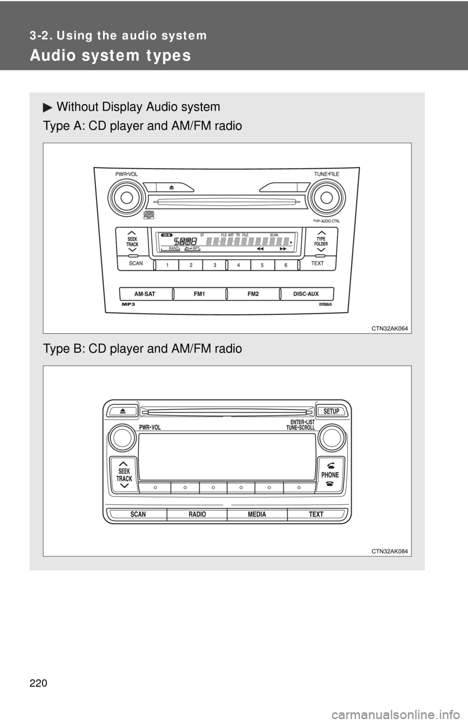 TOYOTA COROLLA 2013 11.G Owners Manual 220
3-2. Using the audio system
Audio system types
Without Display Audio system
Type A: CD player and AM/FM radio
Type B: CD player and AM/FM radio 