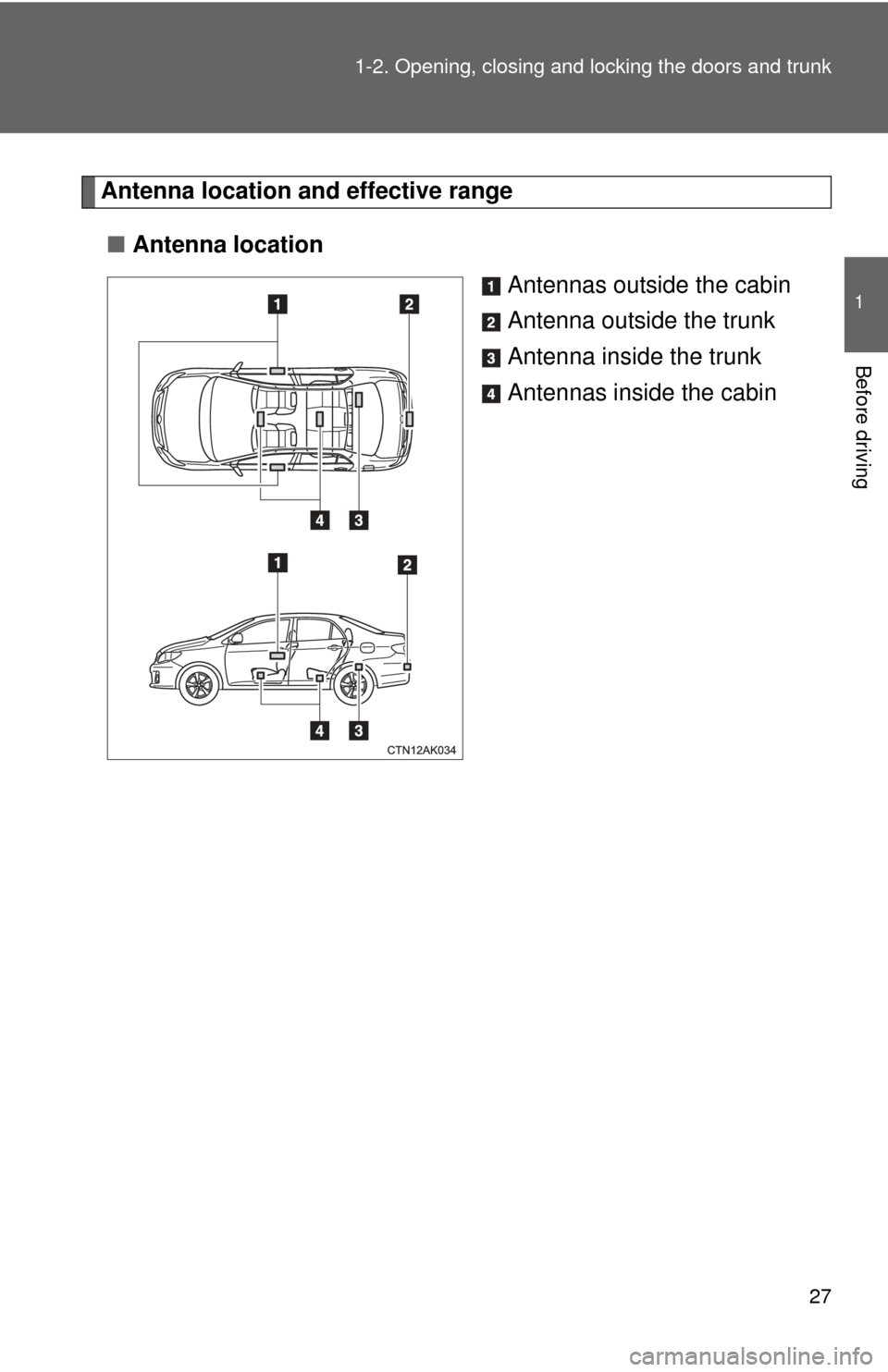 TOYOTA COROLLA 2013 11.G Owners Manual 27
1-2. Opening, closing and locking the doors and trunk
1
Before driving
Antenna location a
nd effective range
■ Antenna location
Antennas outside the cabin
Antenna outside the trunk
Antenna inside TOYOTA COROLLA 2013 11.G Owners Manual 27
1-2. Opening, closing and locking the doors and trunk
1
Before driving
Antenna location a
nd effective range
■ Antenna location
Antennas outside the cabin
Antenna outside the trunk
Antenna inside