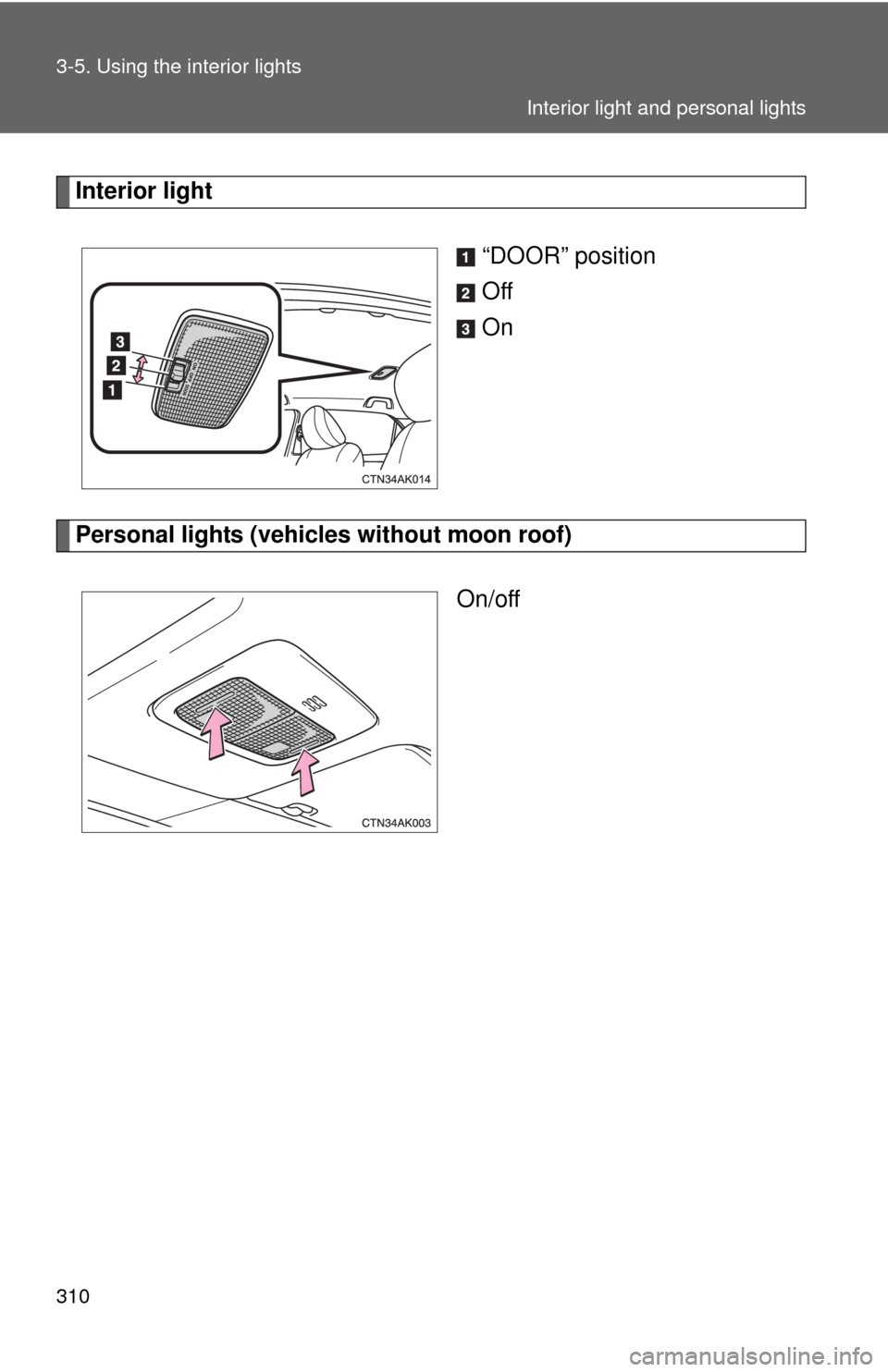 TOYOTA COROLLA 2013 11.G Owners Manual 310 3-5. Using the interior lights
Interior light“DOOR” position
Off
On
Personal lights (vehicles without moon roof)On/off
Interior light and personal lights 