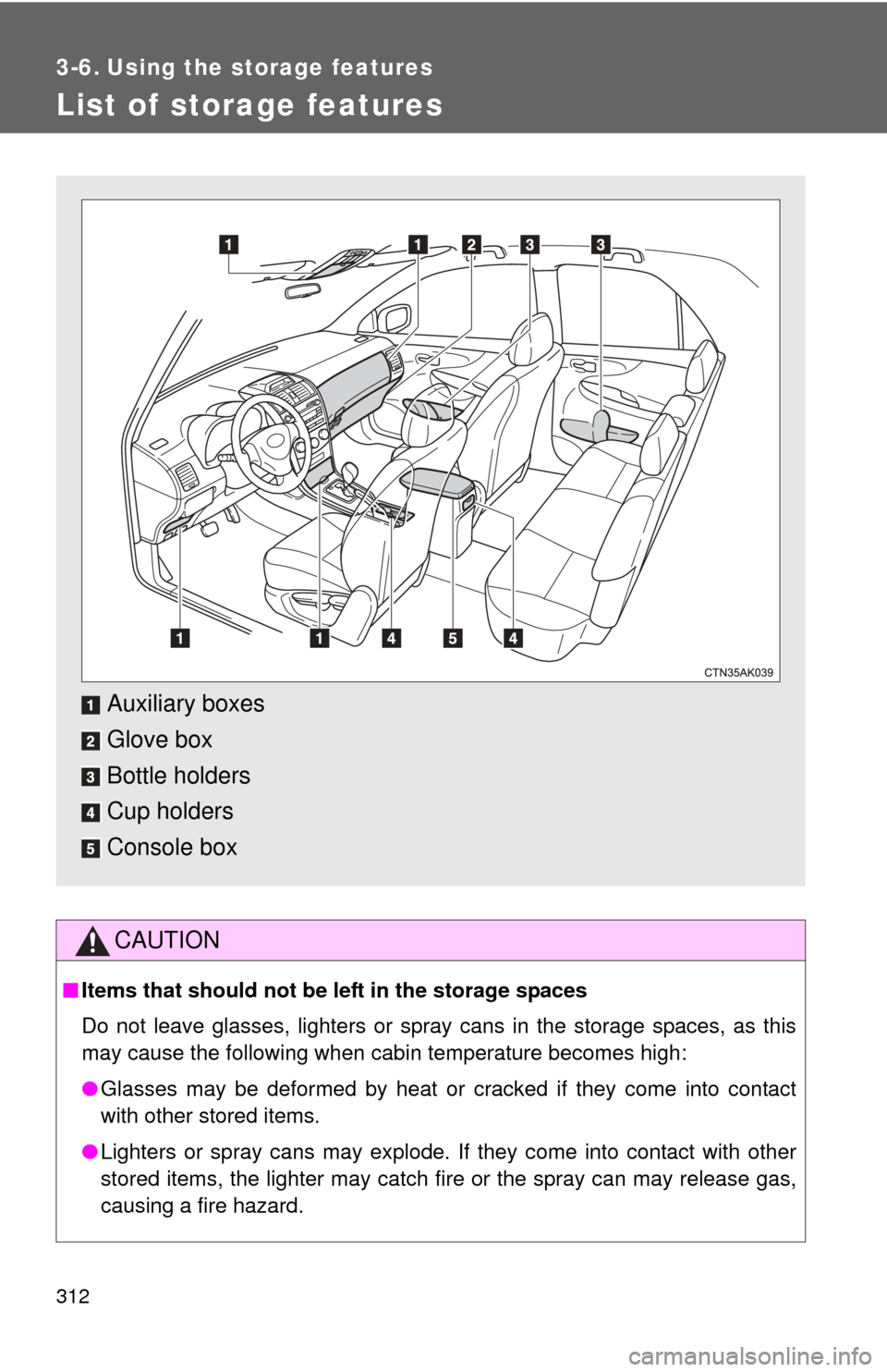 TOYOTA COROLLA 2013 11.G Owners Manual 312
3-6. Using the storage features
List of storage features
CAUTION
■Items that should not be  left in the storage spaces
Do not leave glasses, lighters or spray cans in the storage spaces, as this