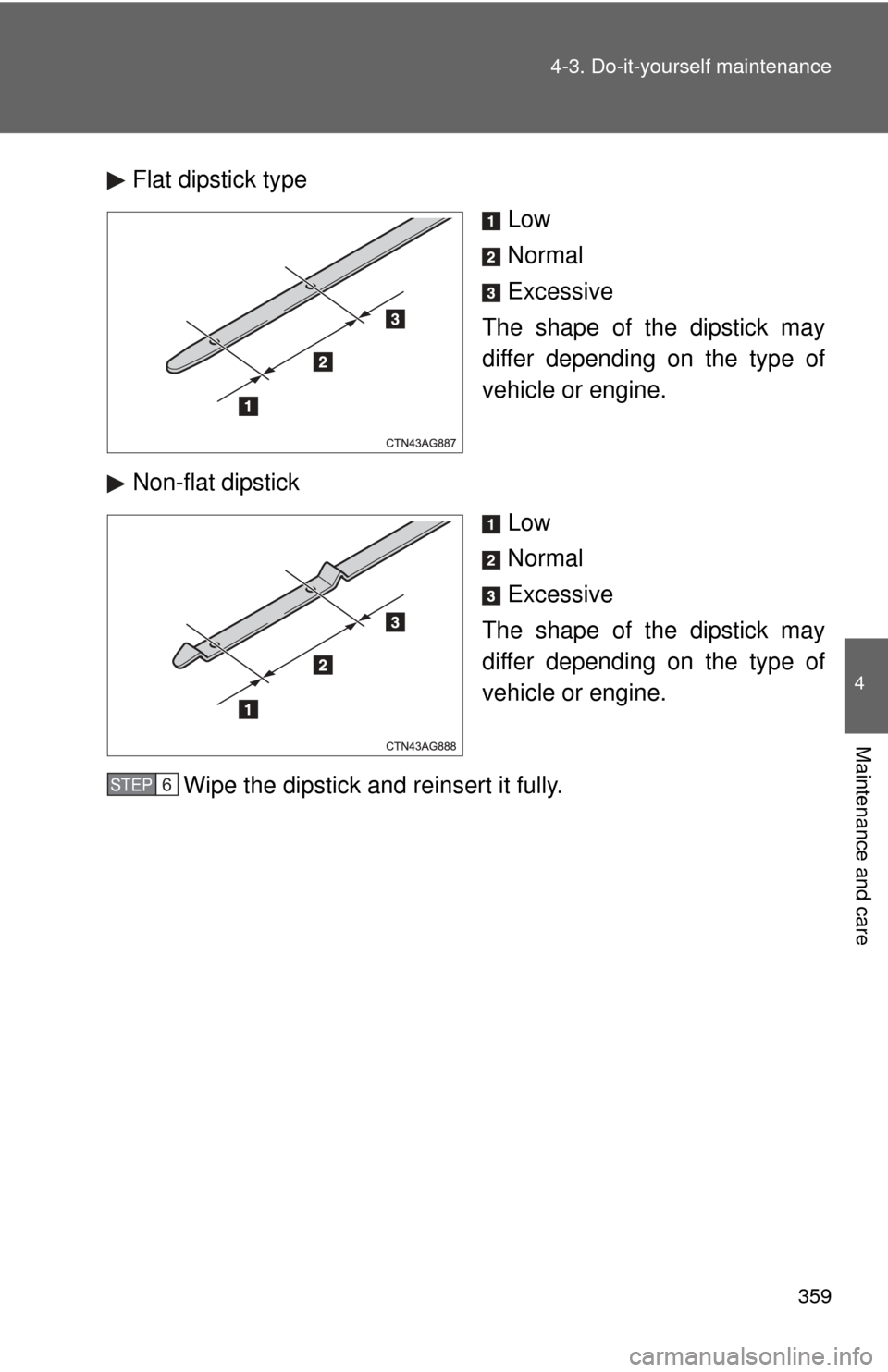 TOYOTA COROLLA 2013 11.G Owners Manual 359
4-3. Do-it-yourself maintenance
4
Maintenance and care
Flat dipstick type
Low
Normal
Excessive
The shape of the dipstick may
differ depending on the type of
vehicle or engine.
Non-flat dipstick  L