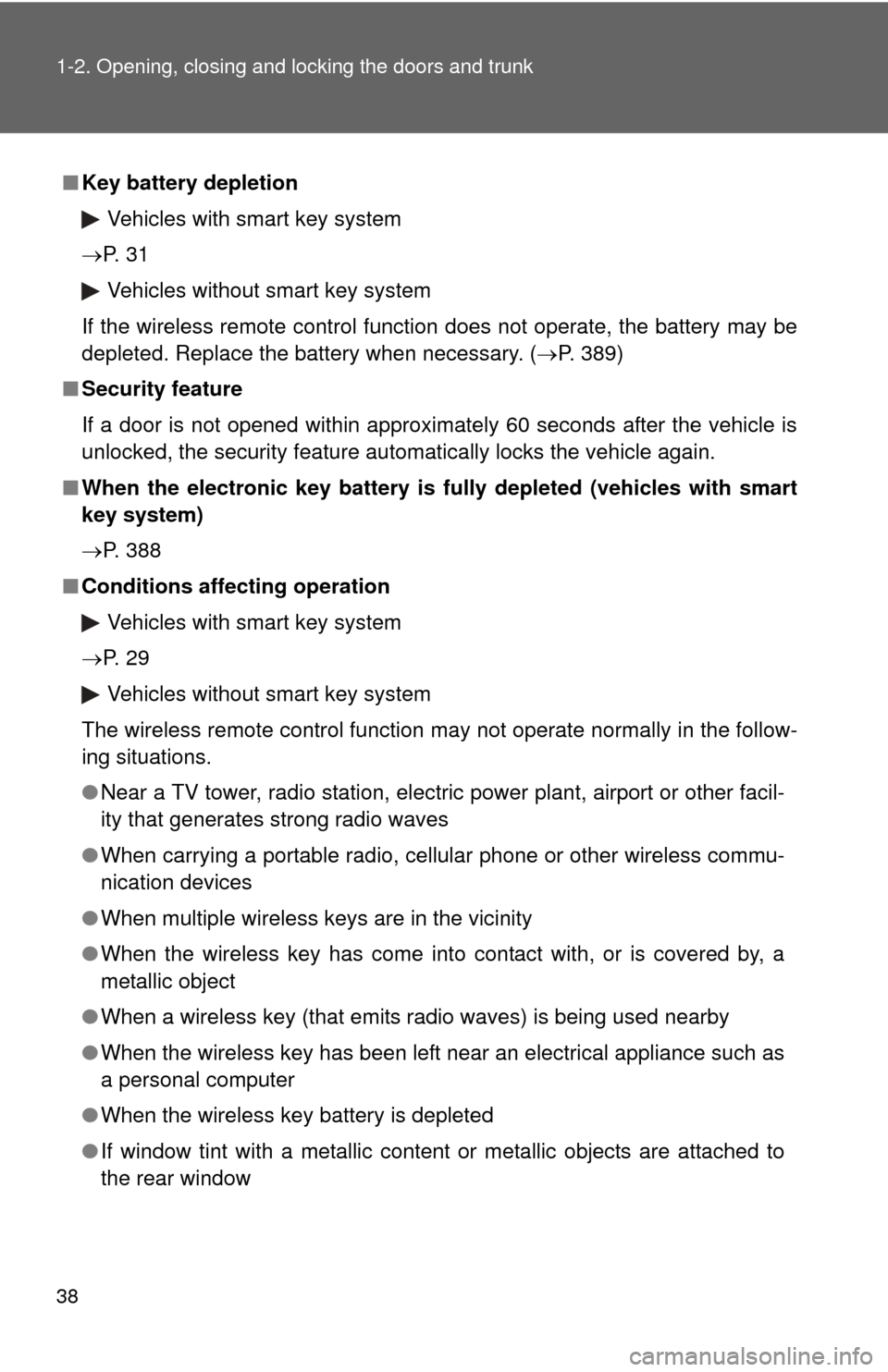 TOYOTA COROLLA 2013 11.G Owners Manual 38 1-2. Opening, closing and locking the doors and trunk
■Key battery depletion
Vehicles with smart key system
P.  3 1
Vehicles without smart key system
If the wireless remote control function do
