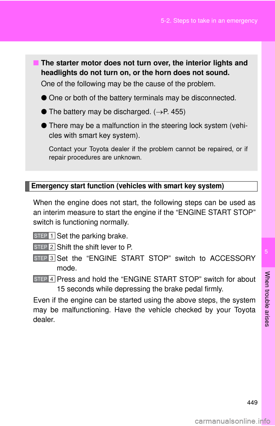 TOYOTA COROLLA 2013 11.G Owners Manual 5
When trouble arises
449
5-2. Steps to take in an emergency
Emergency start function (vehicles with smart key system)
When the engine does not start, the following steps can be used as
an interim mea TOYOTA COROLLA 2013 11.G Owners Manual 5
When trouble arises
449
5-2. Steps to take in an emergency
Emergency start function (vehicles with smart key system)
When the engine does not start, the following steps can be used as
an interim mea