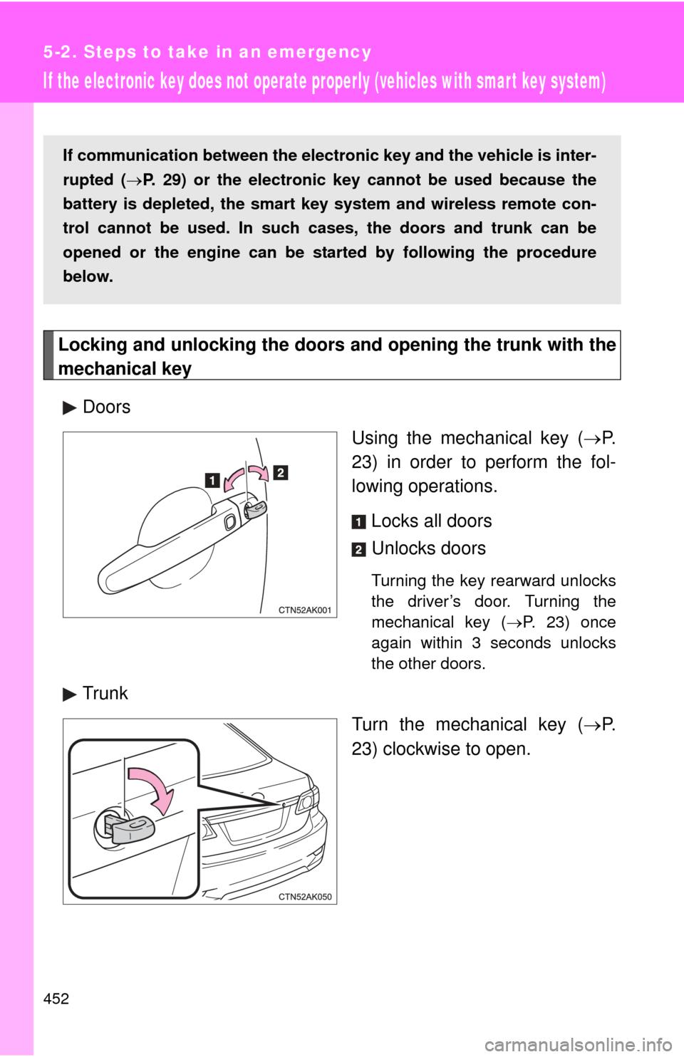 TOYOTA COROLLA 2013 11.G Owners Manual 452
5-2. Steps to take in an emergency
If the electronic key does not operate properly (vehicles with smart key system)
Locking and unlocking the doors and opening the trunk with the
mechanical keyDoo TOYOTA COROLLA 2013 11.G Owners Manual 452
5-2. Steps to take in an emergency
If the electronic key does not operate properly (vehicles with smart key system)
Locking and unlocking the doors and opening the trunk with the
mechanical keyDoo