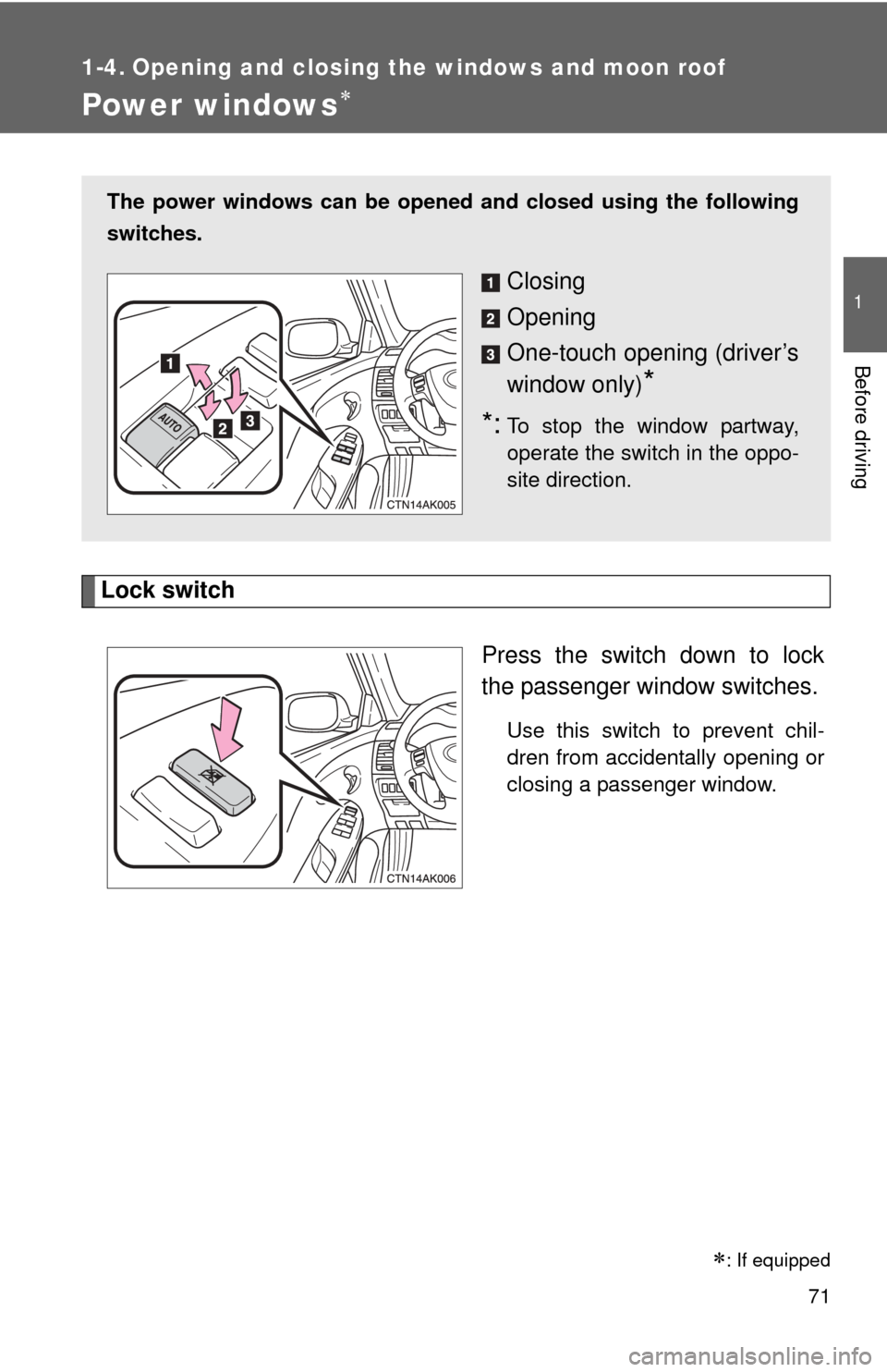 TOYOTA COROLLA 2013 11.G Manual PDF 71
1
Before driving
1-4. Opening and closing the windows and moon roof
Power windows
Lock switchPress the switch down to lock
the passenger window switches.
Use this switch to prevent chil-
dren fr TOYOTA COROLLA 2013 11.G Manual PDF 71
1
Before driving
1-4. Opening and closing the windows and moon roof
Power windows
Lock switchPress the switch down to lock
the passenger window switches.
Use this switch to prevent chil-
dren fr