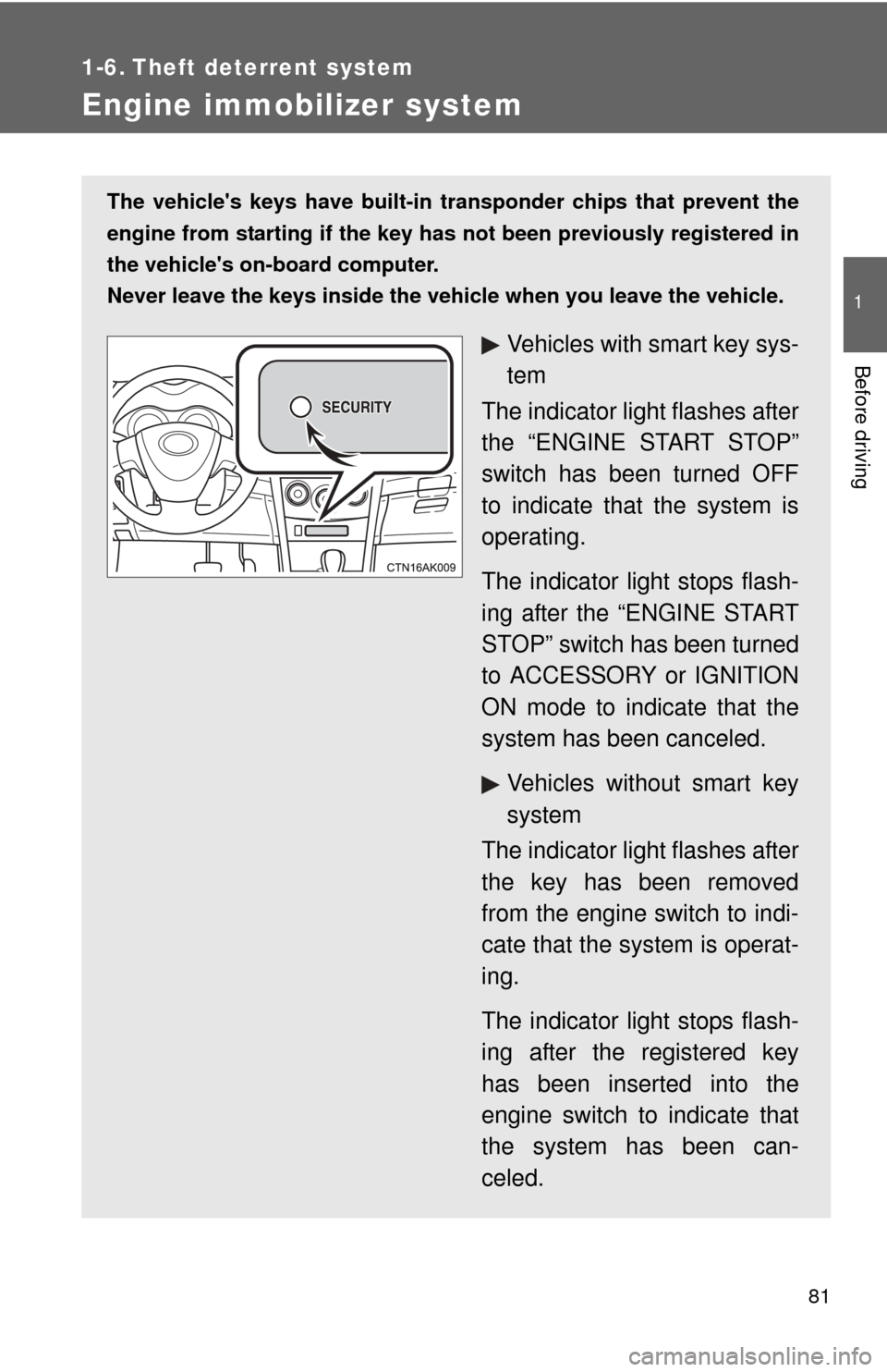 TOYOTA COROLLA 2013 11.G Manual Online 81
1
Before driving
1-6. Theft deterrent system
Engine immobilizer system
The vehicles keys have built-in transponder chips that prevent the
engine from starting if the key has not been previously r TOYOTA COROLLA 2013 11.G Manual Online 81
1
Before driving
1-6. Theft deterrent system
Engine immobilizer system
The vehicles keys have built-in transponder chips that prevent the
engine from starting if the key has not been previously r
