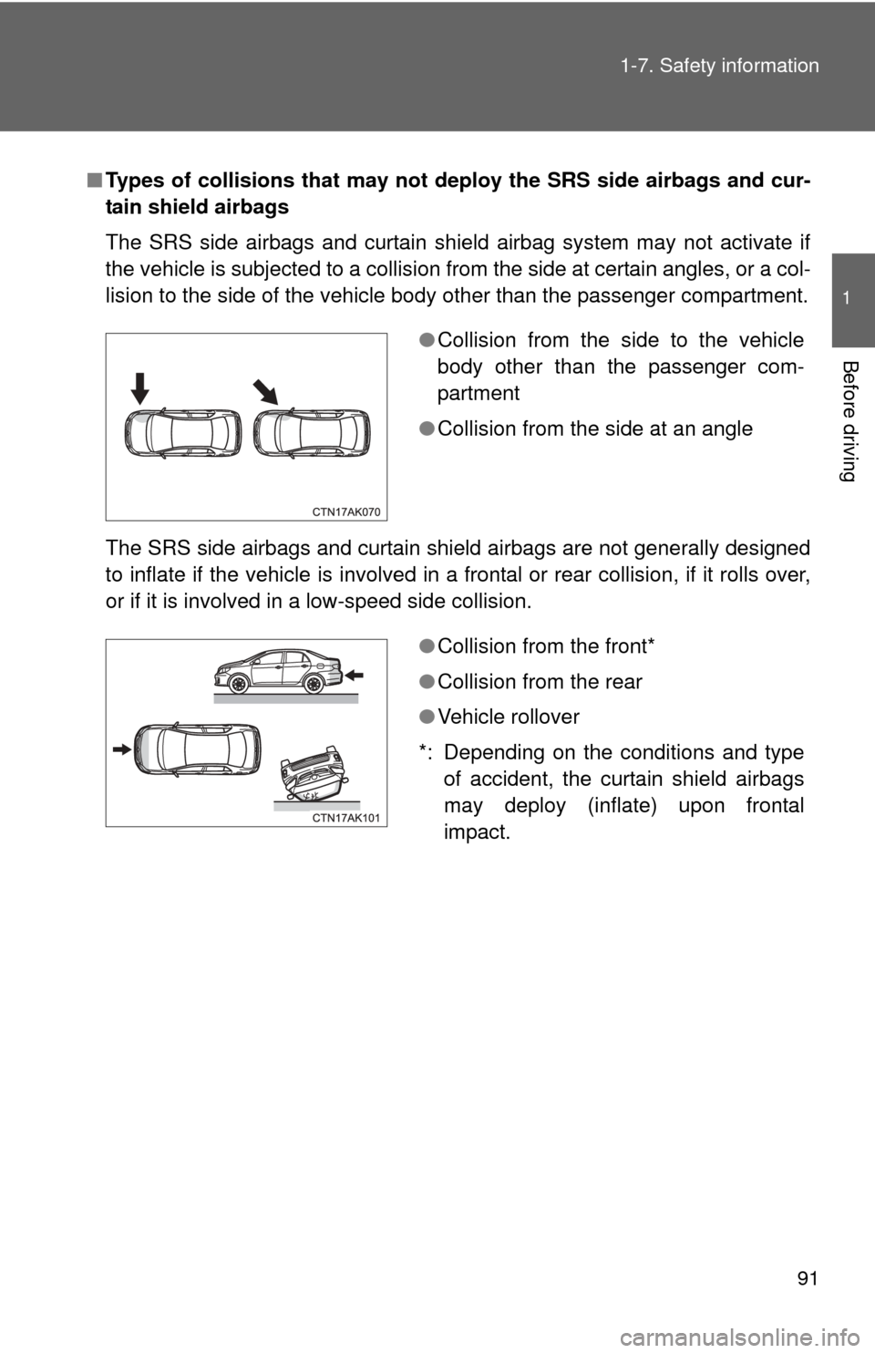 TOYOTA COROLLA 2013 11.G Owners Manual 91
1-7. Safety information
1
Before driving
■
Types of collisions that may not deploy the SRS side airbags and cur-
tain shield airbags
The SRS side airbags and curtain shield airbag system may not TOYOTA COROLLA 2013 11.G Owners Manual 91
1-7. Safety information
1
Before driving
■
Types of collisions that may not deploy the SRS side airbags and cur-
tain shield airbags
The SRS side airbags and curtain shield airbag system may not