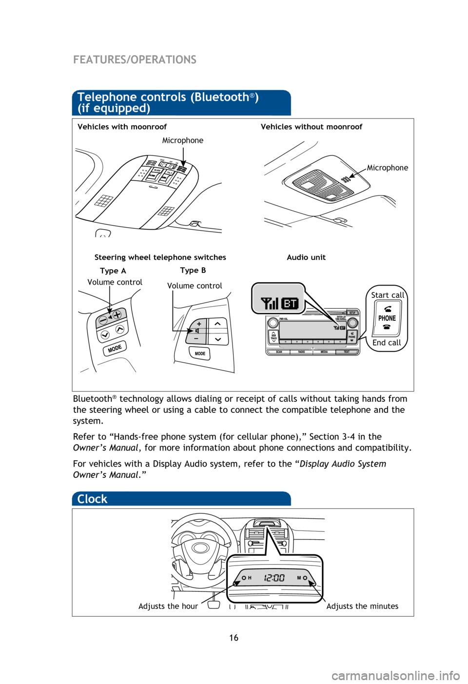 TOYOTA COROLLA 2013 11.G Quick Reference Guide 16
NOTE: Do not attempt to adjust while the vehicle is in motion.
Tilt and telescopic steering wheel
Door locks-Power (if equipped)
Moonroof (if equipped)
Sliding operation
FEATURES/OPERATIONS
Bluetoo TOYOTA COROLLA 2013 11.G Quick Reference Guide 16
NOTE: Do not attempt to adjust while the vehicle is in motion.
Tilt and telescopic steering wheel
Door locks-Power (if equipped)
Moonroof (if equipped)
Sliding operation
FEATURES/OPERATIONS
Bluetoo