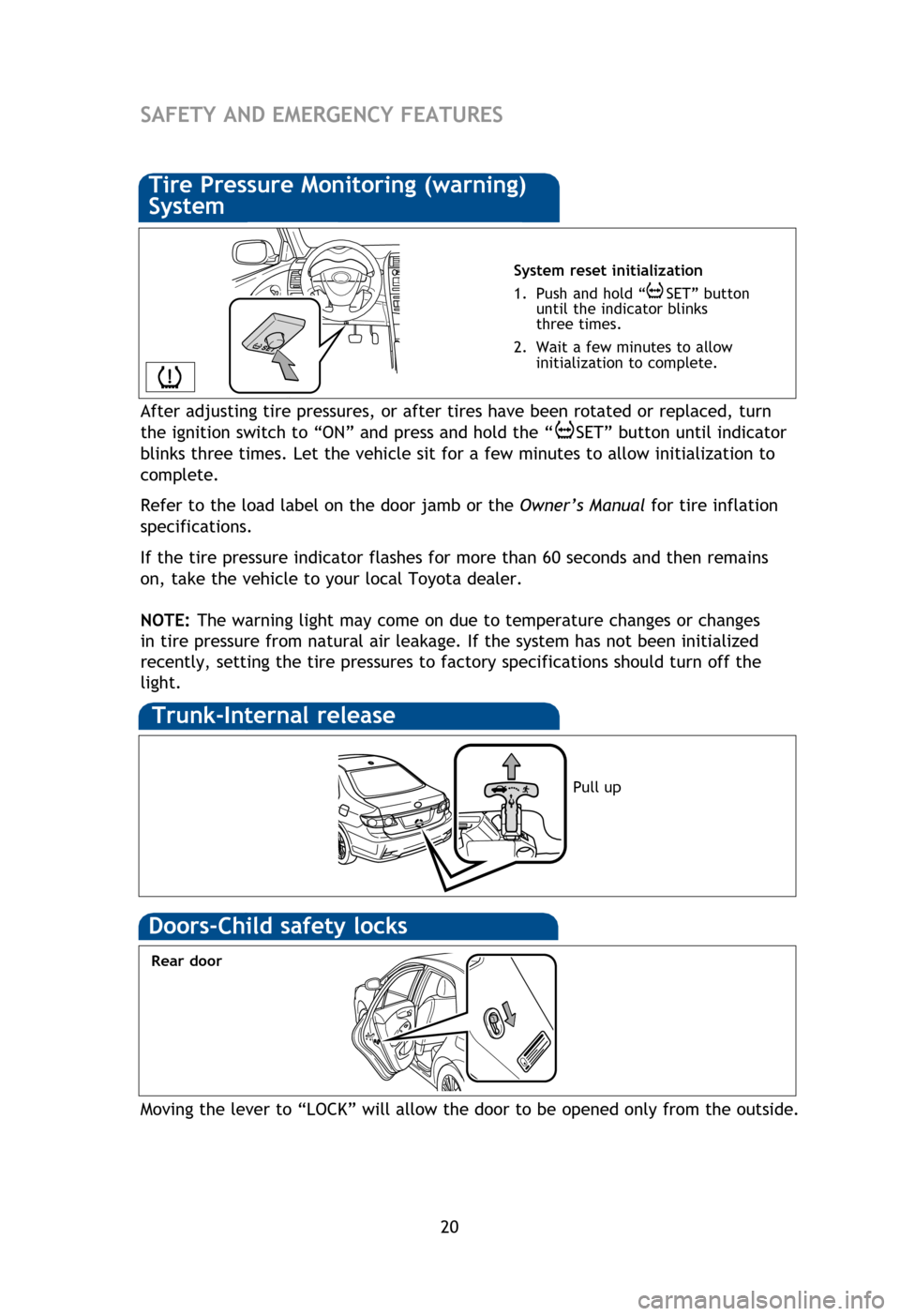 TOYOTA COROLLA 2013 11.G Quick Reference Guide 20
System reset initialization
1. Push and hold “ SET” button
un til the indicator blinks
th ree times.
2. Wait a few minutes to allow
initial ization to complete.
Trunk-Internal rel TOYOTA COROLLA 2013 11.G Quick Reference Guide 20
System reset initialization
1. Push and hold “ SET” button
un til the indicator blinks
th ree times.
2. Wait a few minutes to allow
initial ization to complete.
Trunk-Internal rel