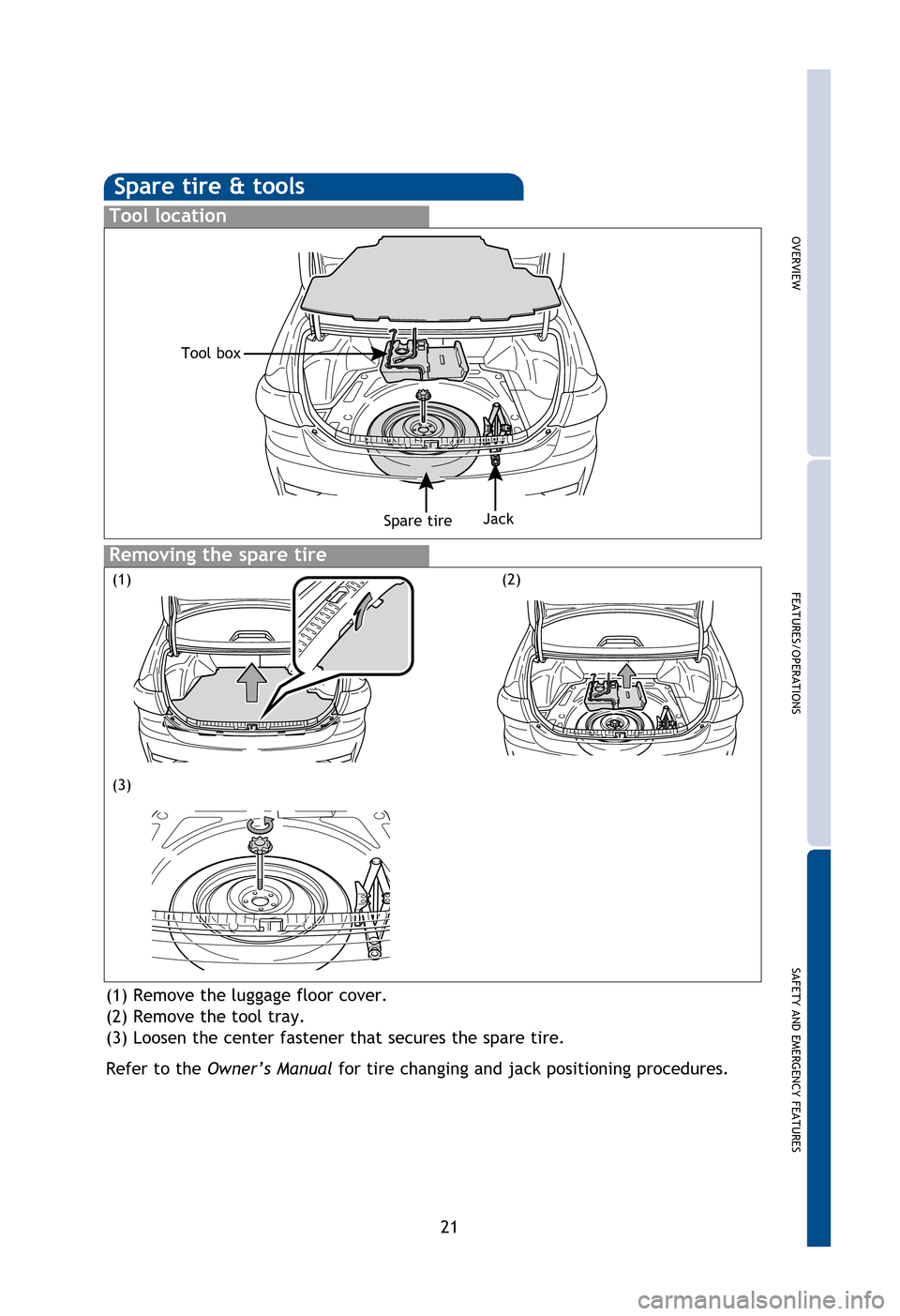 TOYOTA COROLLA 2013 11.G Quick Reference Guide OVERVIEW
FEATURES/OPERATIONS
SAFETY AND EMERGENCY FEATURES
21
Moving the lever to “LOCK” will allow the door to be opened only from the outside.
Spare tire & tools
Tool location
Removing the spare TOYOTA COROLLA 2013 11.G Quick Reference Guide OVERVIEW
FEATURES/OPERATIONS
SAFETY AND EMERGENCY FEATURES
21
Moving the lever to “LOCK” will allow the door to be opened only from the outside.
Spare tire & tools
Tool location
Removing the spare