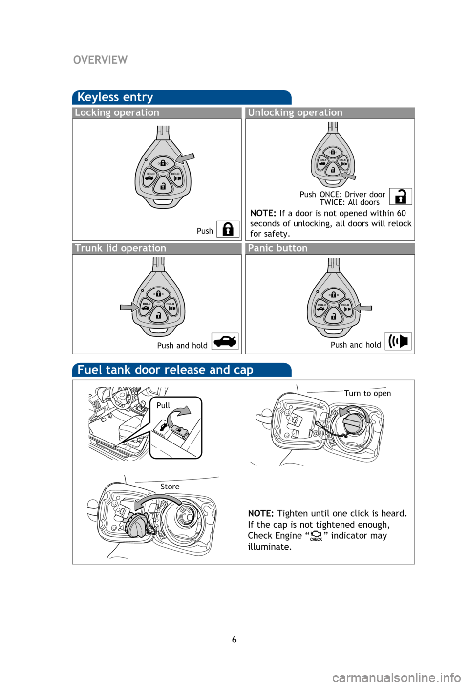 TOYOTA COROLLA 2013 11.G Quick Reference Guide 6
Hood release
Engine coolant reservoir
Engine oil filler cap
Engine oil level dipstick
Windshield washer fluid tank
NOTE: Regularly scheduled maintenance, including oil changes, will help  extend the