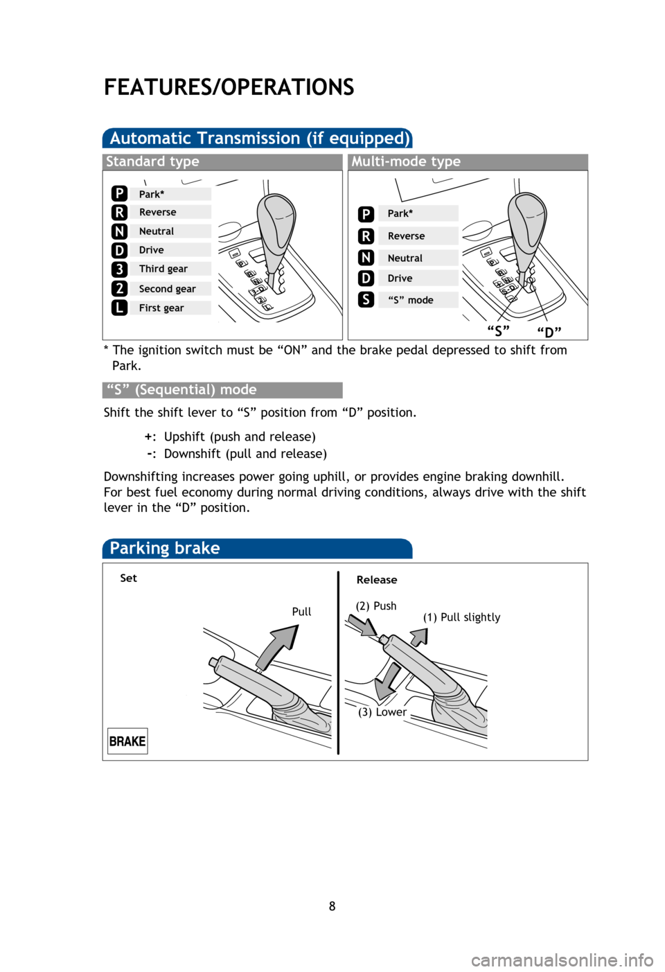TOYOTA COROLLA 2013 11.G Quick Reference Guide 8
Auto lock/unlock (if equipped)
Automatic door locks can be programmed to operate in two different modes, or
turned OFF.
-Doors lock when shifting from Park.
-Doors lock when the vehicle speed is ap TOYOTA COROLLA 2013 11.G Quick Reference Guide 8
Auto lock/unlock (if equipped)
Automatic door locks can be programmed to operate in two different modes, or
turned OFF.
-Doors lock when shifting from Park.
-Doors lock when the vehicle speed is ap