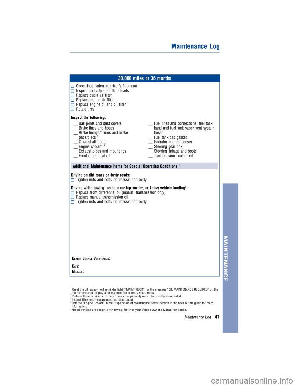 TOYOTA COROLLA 2013 11.G Warranty And Maintenance Guide JOBNAME: 1139966-2013-corWG-U PAGE: 41 SESS: 11 OUTPUT: Mon Jun 25 09:23:35 2012
/tweddle/toyota/sched-maint/1139966-en-cor/wg
30,000 miles or 36 months
Check installation of driver’s floor matInspe