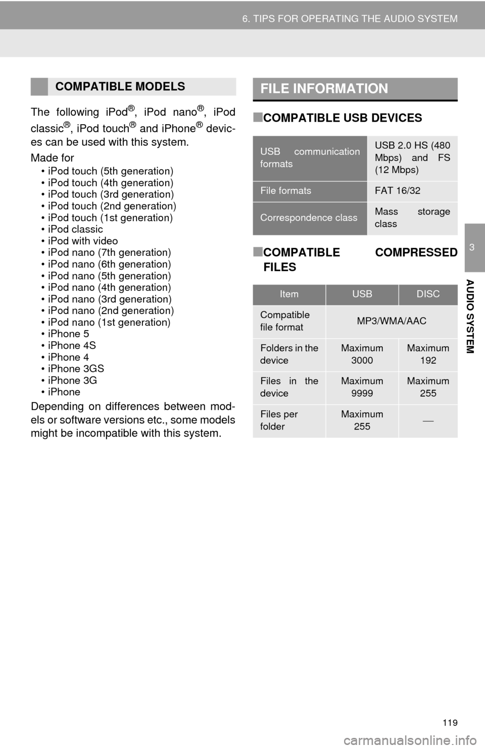 TOYOTA COROLLA 2014 11.G Navigation Manual 119
6. TIPS FOR OPERATING THE AUDIO SYSTEM
3
AUDIO SYSTEM
The following iPod®, iPod nano®, iPod
classic®, iPod touch® and iPhone® devic-
es can be used with this system.
Made for
• iPod touch ( TOYOTA COROLLA 2014 11.G Navigation Manual 119
6. TIPS FOR OPERATING THE AUDIO SYSTEM
3
AUDIO SYSTEM
The following iPod®, iPod nano®, iPod
classic®, iPod touch® and iPhone® devic-
es can be used with this system.
Made for
• iPod touch (