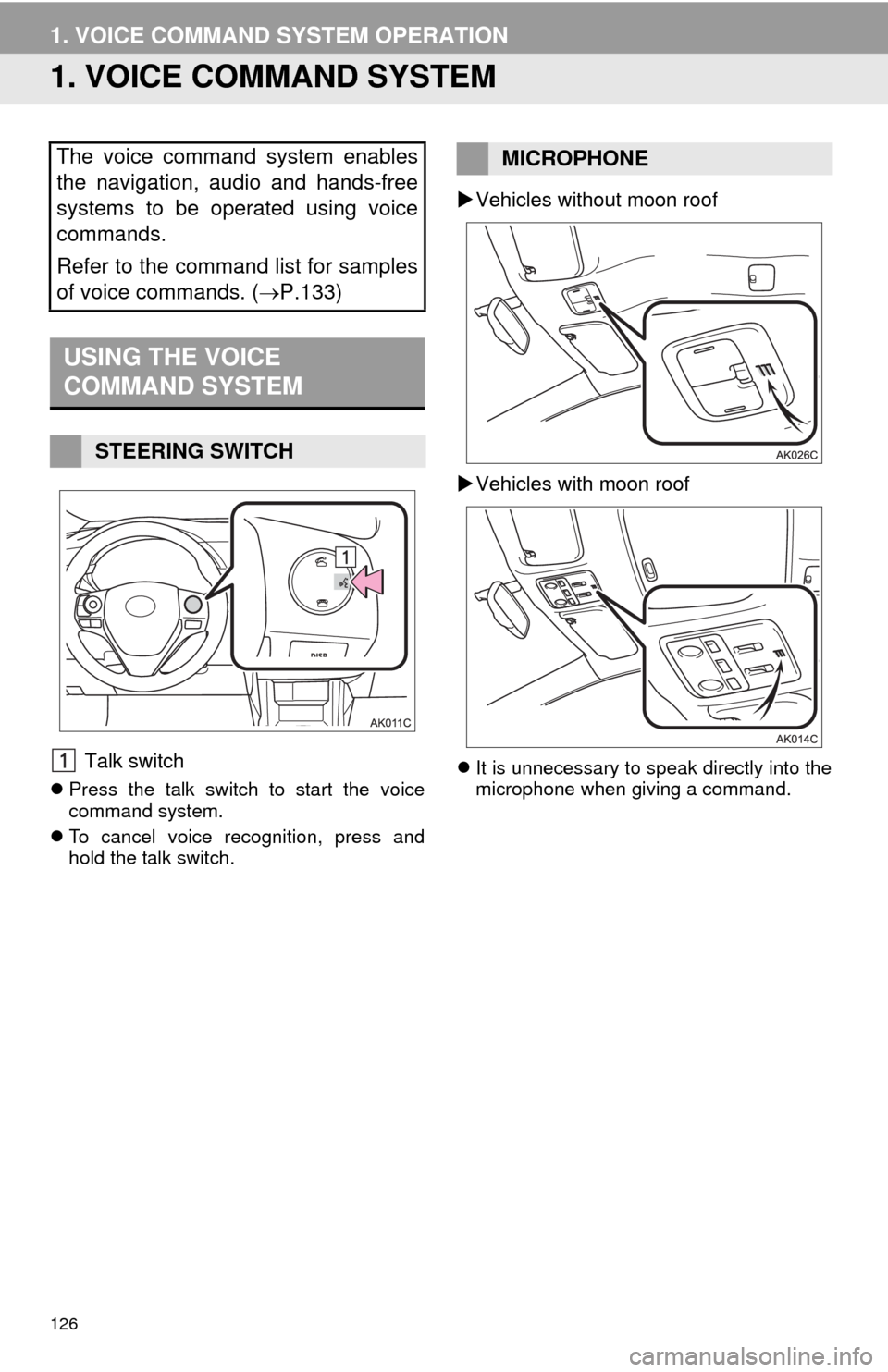 TOYOTA COROLLA 2014 11.G Navigation Manual 126
1. VOICE COMMAND SYSTEM OPERATION
1. VOICE COMMAND SYSTEM
Talk switch
Press the talk switch to start the voice
command system.
To cancel voice recognition, press and
hold the talk switch.
TOYOTA COROLLA 2014 11.G Navigation Manual 126
1. VOICE COMMAND SYSTEM OPERATION
1. VOICE COMMAND SYSTEM
Talk switch
Press the talk switch to start the voice
command system.
To cancel voice recognition, press and
hold the talk switch.