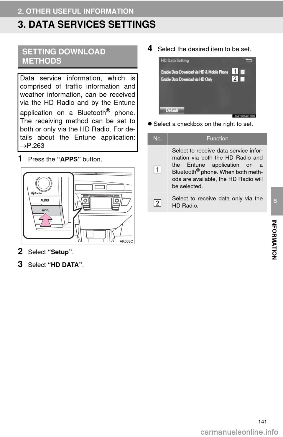 TOYOTA COROLLA 2014 11.G Navigation Manual 141
2. OTHER USEFUL INFORMATION
5
INFORMATION
3. DATA SERVICES SETTINGS
1Press the “APPS” button.
2Select “Setup”.
3Select “HD DATA”.
4Select the desired item to be set.
Select a checkb TOYOTA COROLLA 2014 11.G Navigation Manual 141
2. OTHER USEFUL INFORMATION
5
INFORMATION
3. DATA SERVICES SETTINGS
1Press the “APPS” button.
2Select “Setup”.
3Select “HD DATA”.
4Select the desired item to be set.
Select a checkb