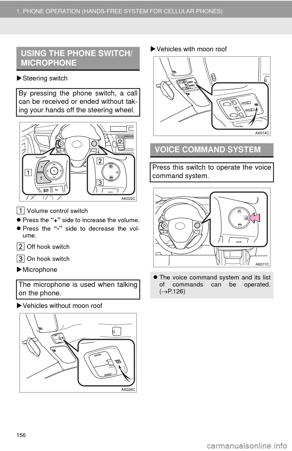 TOYOTA COROLLA 2014 11.G Navigation Manual 156
1. PHONE OPERATION (HANDS-FREE SYSTEM FOR CELLULAR PHONES)
Steering switch
Volume control switch
Press the “+” side to increase the volume.
Press the “-” side to decrease the vol- TOYOTA COROLLA 2014 11.G Navigation Manual 156
1. PHONE OPERATION (HANDS-FREE SYSTEM FOR CELLULAR PHONES)
Steering switch
Volume control switch
Press the “+” side to increase the volume.
Press the “-” side to decrease the vol-