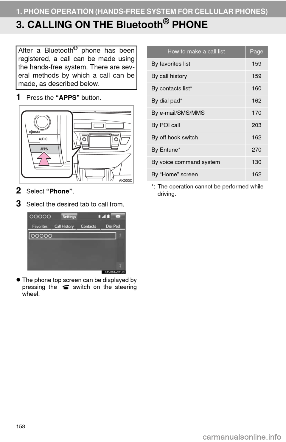 TOYOTA COROLLA 2014 11.G Navigation Manual 158
1. PHONE OPERATION (HANDS-FREE SYSTEM FOR CELLULAR PHONES)
3. CALLING ON THE Bluetooth® PHONE
1Press the “APPS” button.
2Select “Phone”.
3Select the desired tab to call from.
The phone TOYOTA COROLLA 2014 11.G Navigation Manual 158
1. PHONE OPERATION (HANDS-FREE SYSTEM FOR CELLULAR PHONES)
3. CALLING ON THE Bluetooth® PHONE
1Press the “APPS” button.
2Select “Phone”.
3Select the desired tab to call from.
The phone