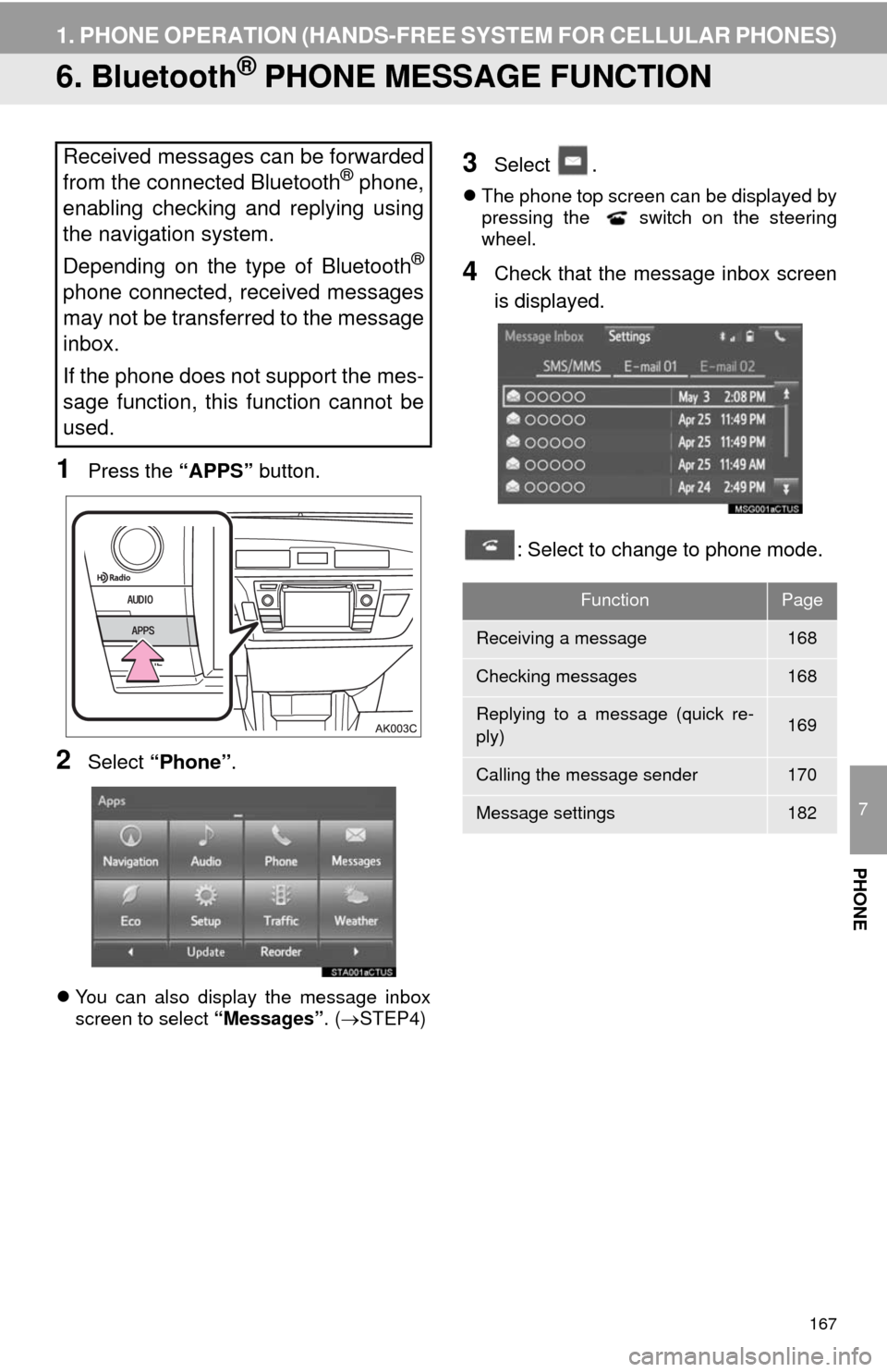 TOYOTA COROLLA 2014 11.G Navigation Manual 167
1. PHONE OPERATION (HANDS-FREE SYSTEM FOR CELLULAR PHONES)
7
PHONE
6. Bluetooth® PHONE MESSAGE FUNCTION
1Press the “APPS” button.
2Select “Phone”.
You can also display the message inbo TOYOTA COROLLA 2014 11.G Navigation Manual 167
1. PHONE OPERATION (HANDS-FREE SYSTEM FOR CELLULAR PHONES)
7
PHONE
6. Bluetooth® PHONE MESSAGE FUNCTION
1Press the “APPS” button.
2Select “Phone”.
You can also display the message inbo