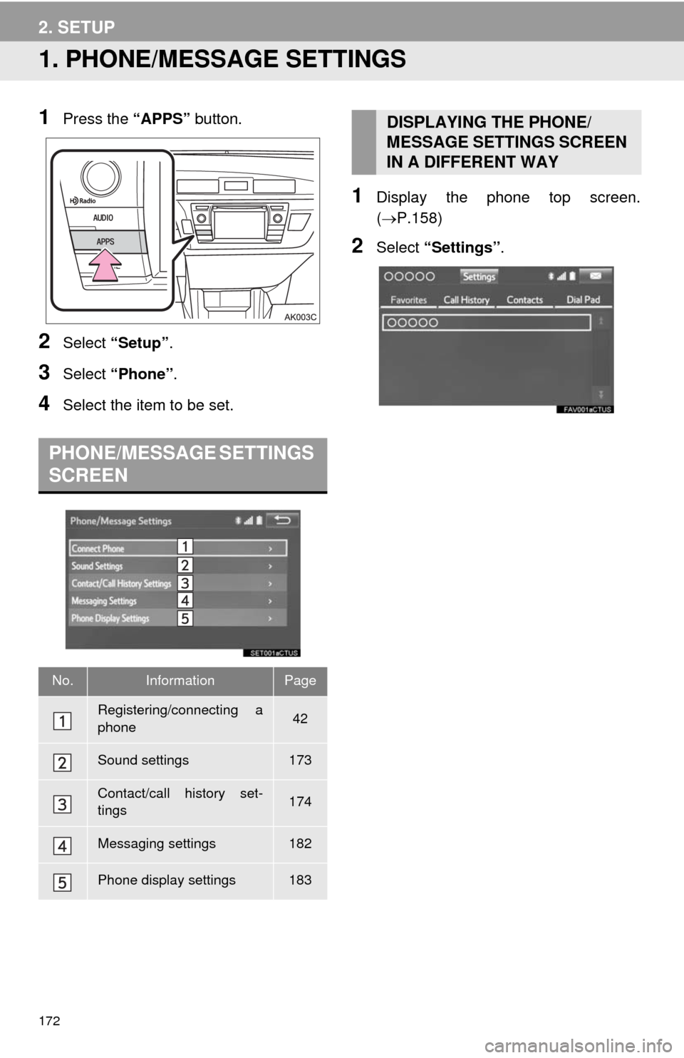TOYOTA COROLLA 2014 11.G Navigation Manual 172
2. SETUP
1. PHONE/MESSAGE SETTINGS
1Press the “APPS” button.
2Select “Setup”.
3Select “Phone”.
4Select the item to be set.
1Display the phone top screen.
(P.158)
2Select “Settings TOYOTA COROLLA 2014 11.G Navigation Manual 172
2. SETUP
1. PHONE/MESSAGE SETTINGS
1Press the “APPS” button.
2Select “Setup”.
3Select “Phone”.
4Select the item to be set.
1Display the phone top screen.
(P.158)
2Select “Settings