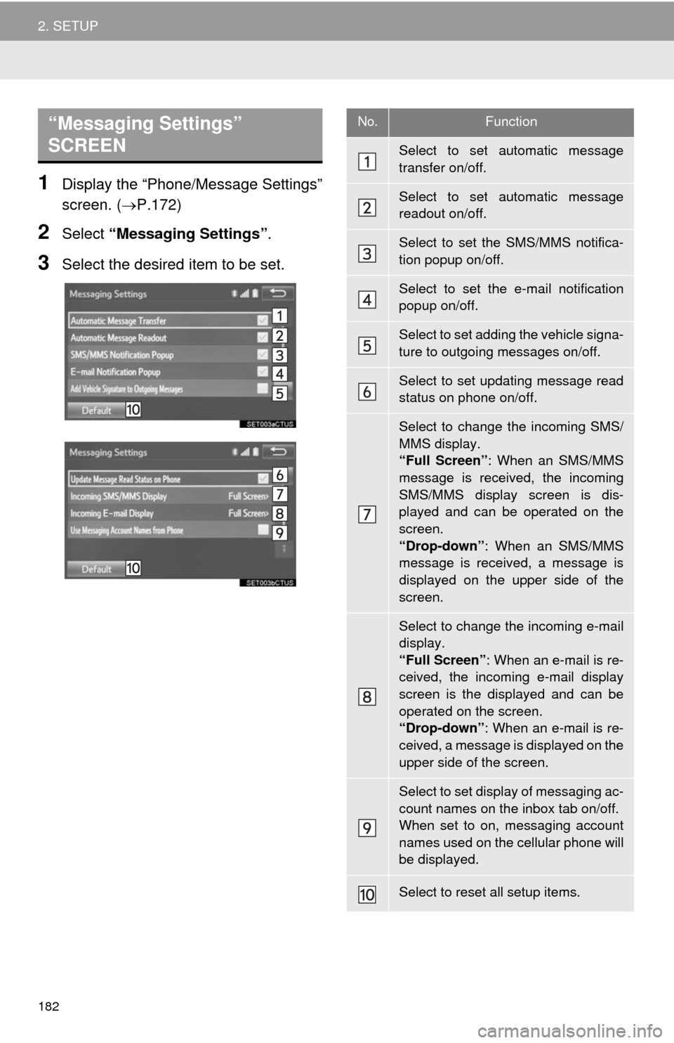 TOYOTA COROLLA 2014 11.G Navigation Manual 182
2. SETUP
1Display the “Phone/Message Settings”
screen. (P.172)
2Select “Messaging Settings”.
3Select the desired item to be set.
“Messaging Settings”
SCREEN No.Function
Select to s TOYOTA COROLLA 2014 11.G Navigation Manual 182
2. SETUP
1Display the “Phone/Message Settings”
screen. (P.172)
2Select “Messaging Settings”.
3Select the desired item to be set.
“Messaging Settings”
SCREEN No.Function
Select to s