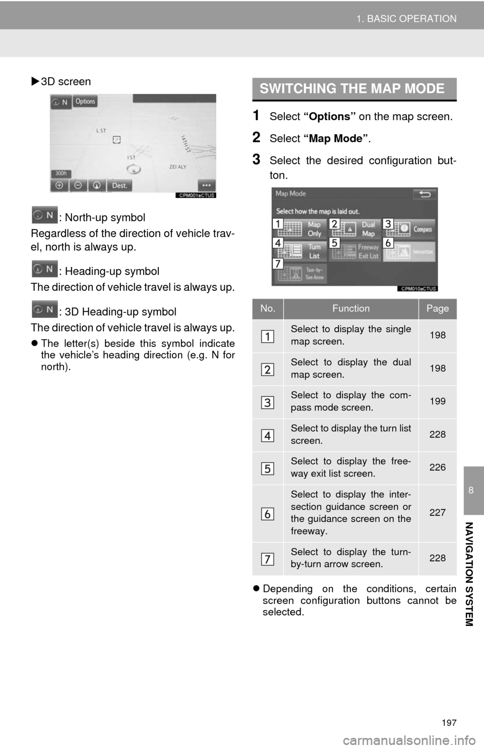 TOYOTA COROLLA 2014 11.G Navigation Manual 197
1. BASIC OPERATION
8
NAVIGATION SYSTEM
3D screen
: North-up symbol
Regardless of the direction of vehicle trav-
el, north is always up.
: Heading-up symbol
The direction of vehicle travel is al TOYOTA COROLLA 2014 11.G Navigation Manual 197
1. BASIC OPERATION
8
NAVIGATION SYSTEM
3D screen
: North-up symbol
Regardless of the direction of vehicle trav-
el, north is always up.
: Heading-up symbol
The direction of vehicle travel is al