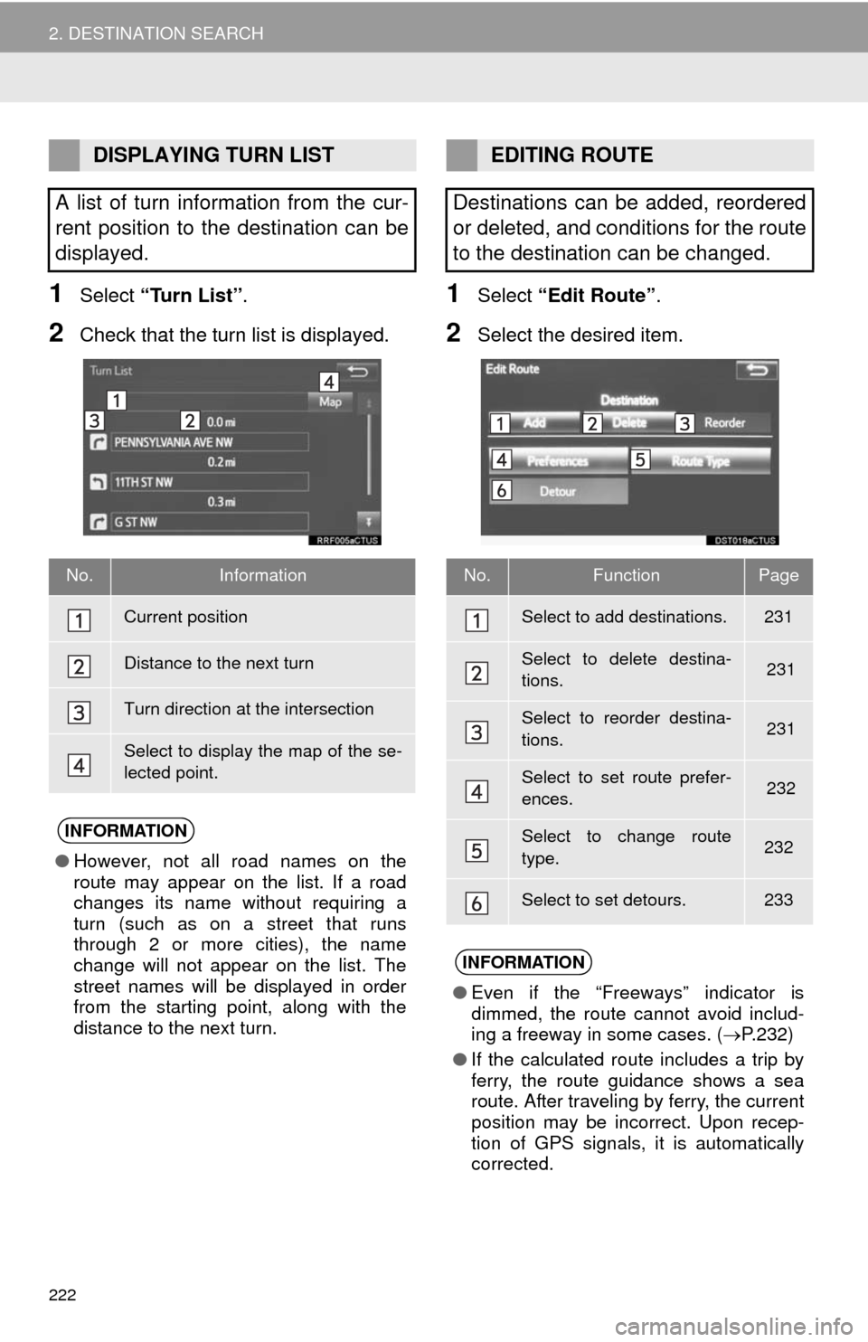 TOYOTA COROLLA 2014 11.G Navigation Manual 222
2. DESTINATION SEARCH
1Select “Turn List”.
2Check that the turn list is displayed.
1Select “Edit Route”.
2Select the desired item.
DISPLAYING TURN LIST
A list of turn information from the TOYOTA COROLLA 2014 11.G Navigation Manual 222
2. DESTINATION SEARCH
1Select “Turn List”.
2Check that the turn list is displayed.
1Select “Edit Route”.
2Select the desired item.
DISPLAYING TURN LIST
A list of turn information from the