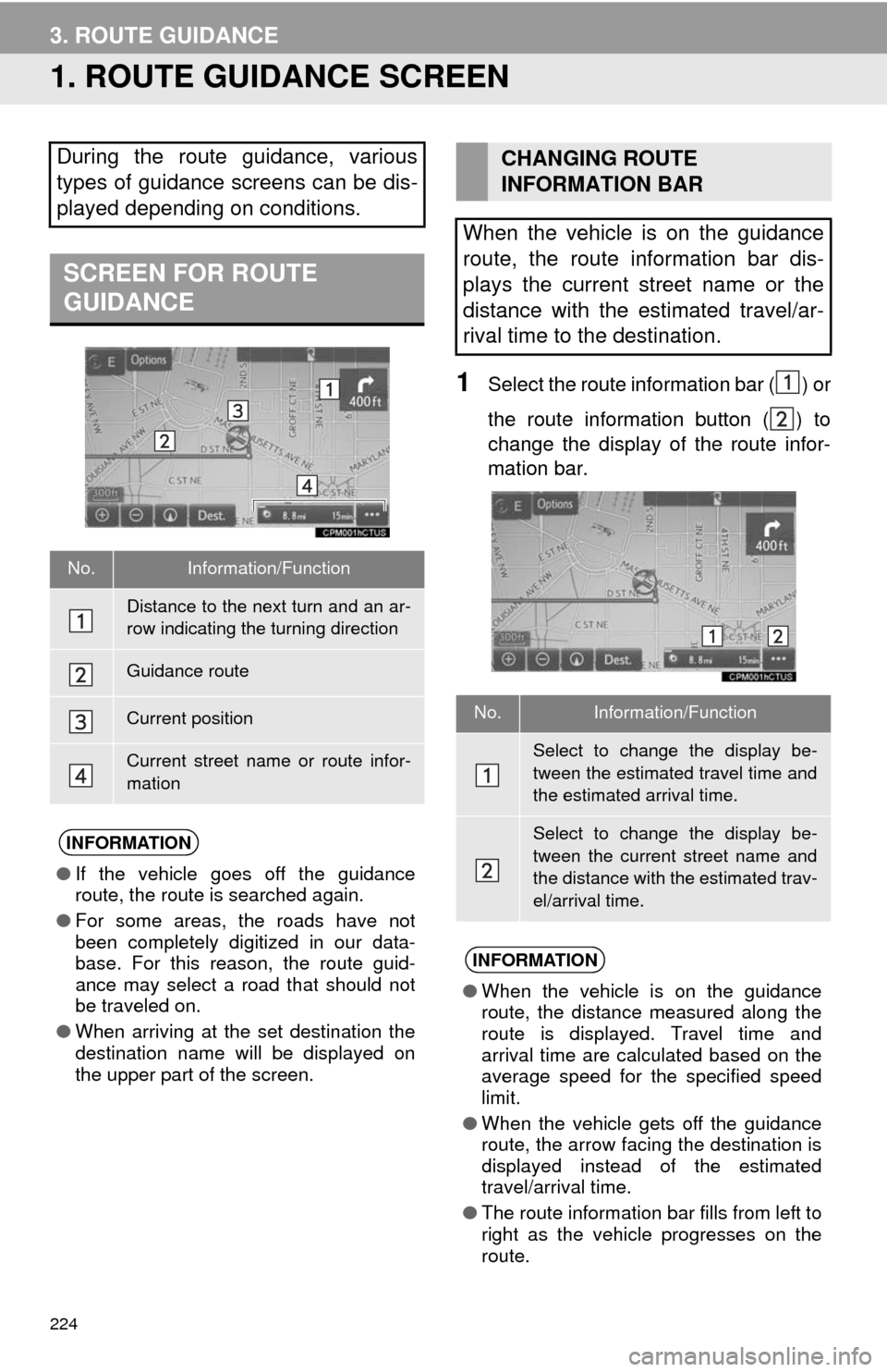 TOYOTA COROLLA 2014 11.G Navigation Manual 224
3. ROUTE GUIDANCE
1. ROUTE GUIDANCE SCREEN
1Select the route information bar ( ) or
the route information button ( ) to
change the display of the route infor-
mation bar.
During the route guidance TOYOTA COROLLA 2014 11.G Navigation Manual 224
3. ROUTE GUIDANCE
1. ROUTE GUIDANCE SCREEN
1Select the route information bar ( ) or
the route information button ( ) to
change the display of the route infor-
mation bar.
During the route guidance