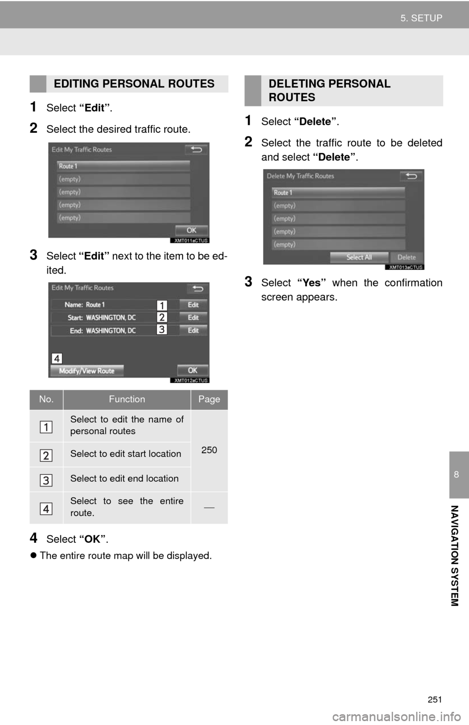 TOYOTA COROLLA 2014 11.G Navigation Manual 251
5. SETUP
8
NAVIGATION SYSTEM
1Select “Edit”.
2Select the desired traffic route.
3Select “Edit” next to the item to be ed-
ited.
4Select “OK”.
The entire route map will be displayed. TOYOTA COROLLA 2014 11.G Navigation Manual 251
5. SETUP
8
NAVIGATION SYSTEM
1Select “Edit”.
2Select the desired traffic route.
3Select “Edit” next to the item to be ed-
ited.
4Select “OK”.
The entire route map will be displayed.