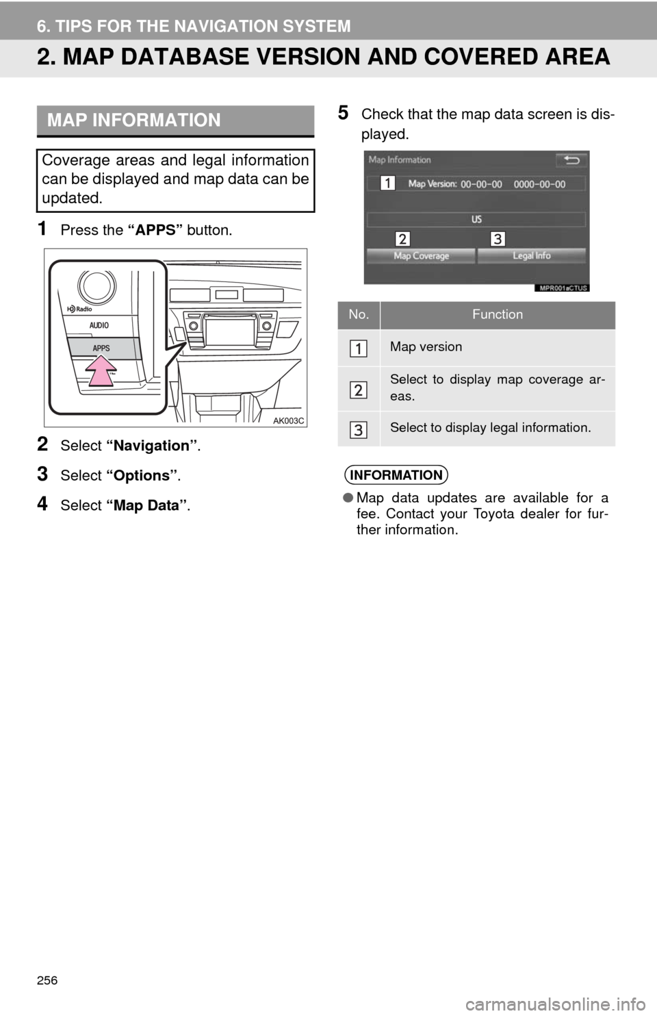 TOYOTA COROLLA 2014 11.G Navigation Manual 256
6. TIPS FOR THE NAVIGATION SYSTEM
2. MAP DATABASE VERSION AND COVERED AREA
1Press the “APPS” button.
2Select “Navigation”.
3Select “Options”.
4Select “Map Data”.
5Check that the ma TOYOTA COROLLA 2014 11.G Navigation Manual 256
6. TIPS FOR THE NAVIGATION SYSTEM
2. MAP DATABASE VERSION AND COVERED AREA
1Press the “APPS” button.
2Select “Navigation”.
3Select “Options”.
4Select “Map Data”.
5Check that the ma