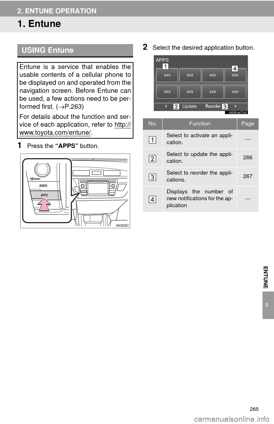 TOYOTA COROLLA 2014 11.G Navigation Manual 265
9
ENTUNE
2. ENTUNE OPERATION
1. Entune
1Press the “APPS” button.
2Select the desired application button.USING Entune
Entune is a service that enables the
usable contents of a cellular phone to TOYOTA COROLLA 2014 11.G Navigation Manual 265
9
ENTUNE
2. ENTUNE OPERATION
1. Entune
1Press the “APPS” button.
2Select the desired application button.USING Entune
Entune is a service that enables the
usable contents of a cellular phone to