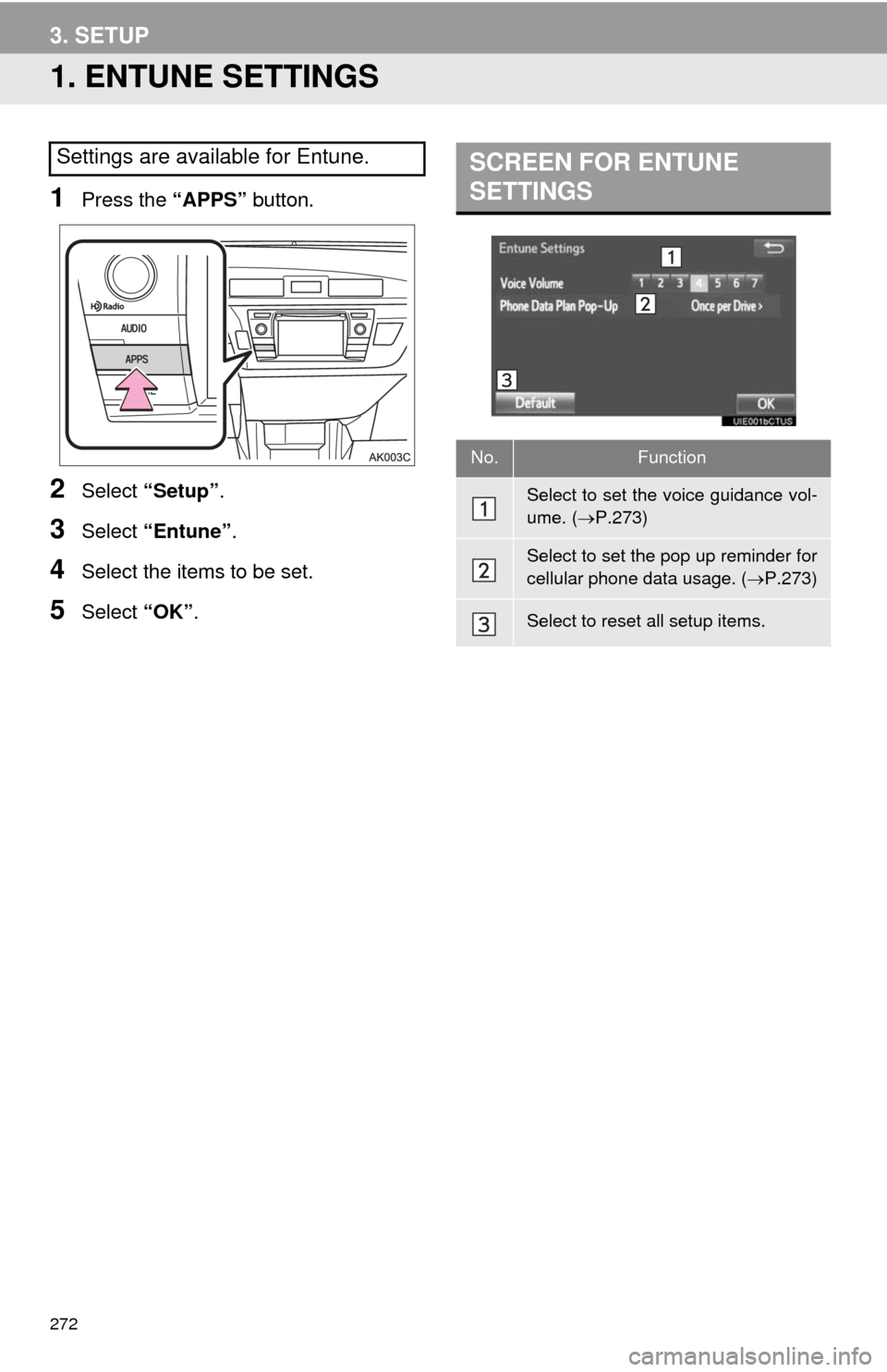 TOYOTA COROLLA 2014 11.G Navigation Manual 272
3. SETUP
1. ENTUNE SETTINGS
1Press the “APPS” button.
2Select “Setup”.
3Select “Entune”.
4Select the items to be set.
5Select “OK”.
Settings are available for Entune.SCREEN FOR ENT TOYOTA COROLLA 2014 11.G Navigation Manual 272
3. SETUP
1. ENTUNE SETTINGS
1Press the “APPS” button.
2Select “Setup”.
3Select “Entune”.
4Select the items to be set.
5Select “OK”.
Settings are available for Entune.SCREEN FOR ENT