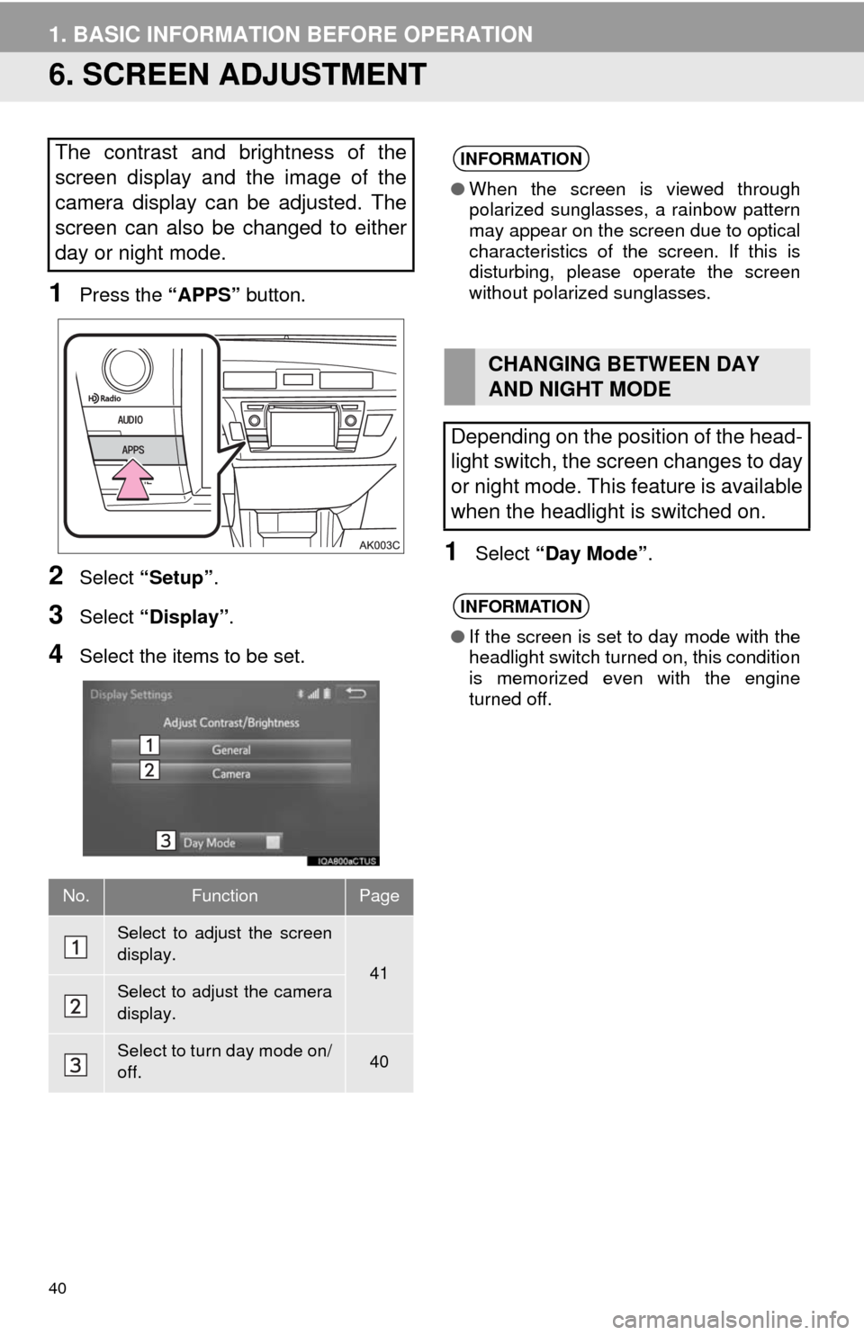 TOYOTA COROLLA 2014 11.G Navigation Manual 40
1. BASIC INFORMATION BEFORE OPERATION
6. SCREEN ADJUSTMENT
1Press the “APPS” button.
2Select “Setup”.
3Select “Display”.
4Select the items to be set.
1Select “Day Mode”.
The contras TOYOTA COROLLA 2014 11.G Navigation Manual 40
1. BASIC INFORMATION BEFORE OPERATION
6. SCREEN ADJUSTMENT
1Press the “APPS” button.
2Select “Setup”.
3Select “Display”.
4Select the items to be set.
1Select “Day Mode”.
The contras