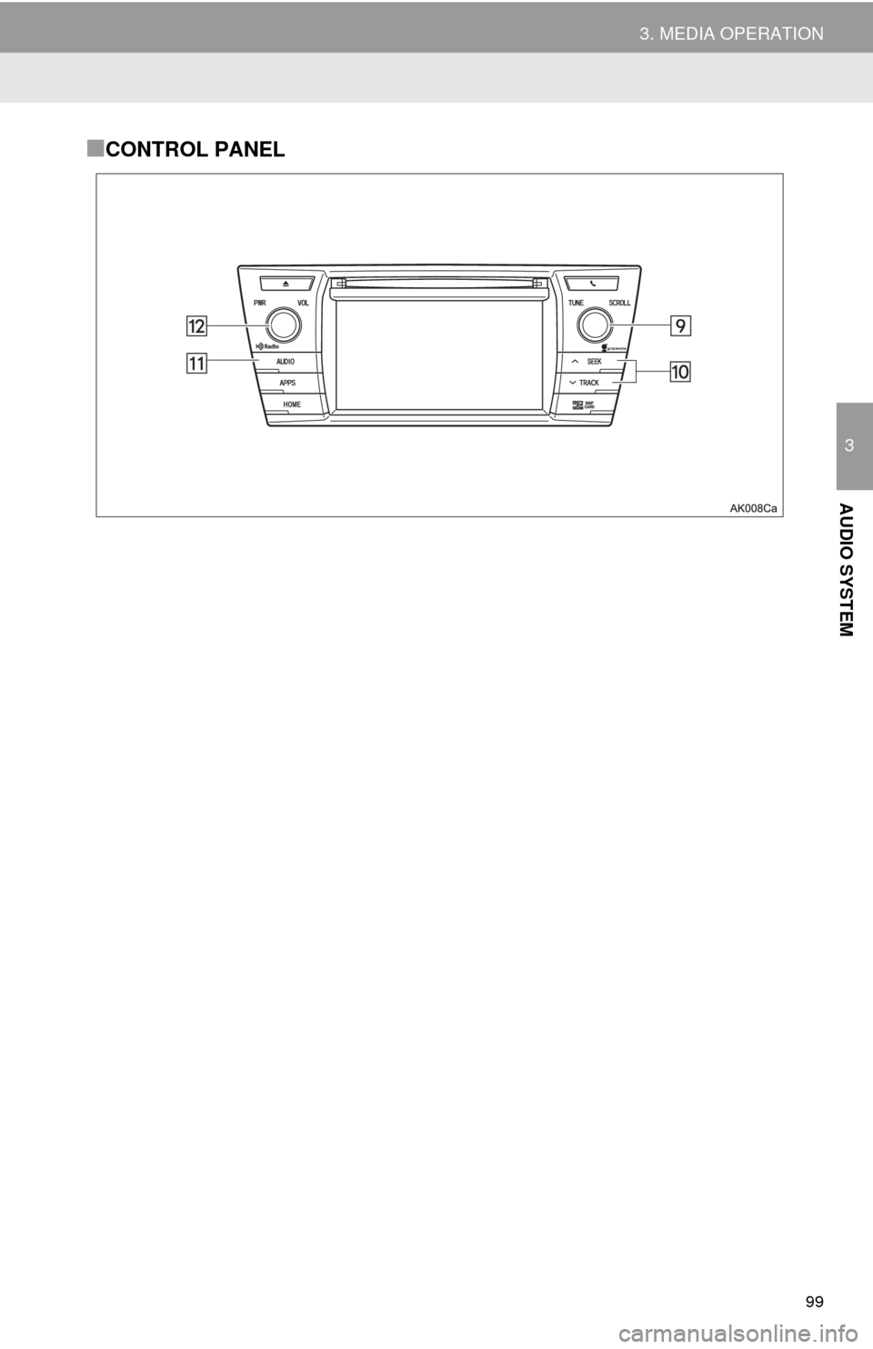 TOYOTA COROLLA 2014 11.G Navigation Manual 99
3. MEDIA OPERATION
3
AUDIO SYSTEM
■CONTROL PANEL 