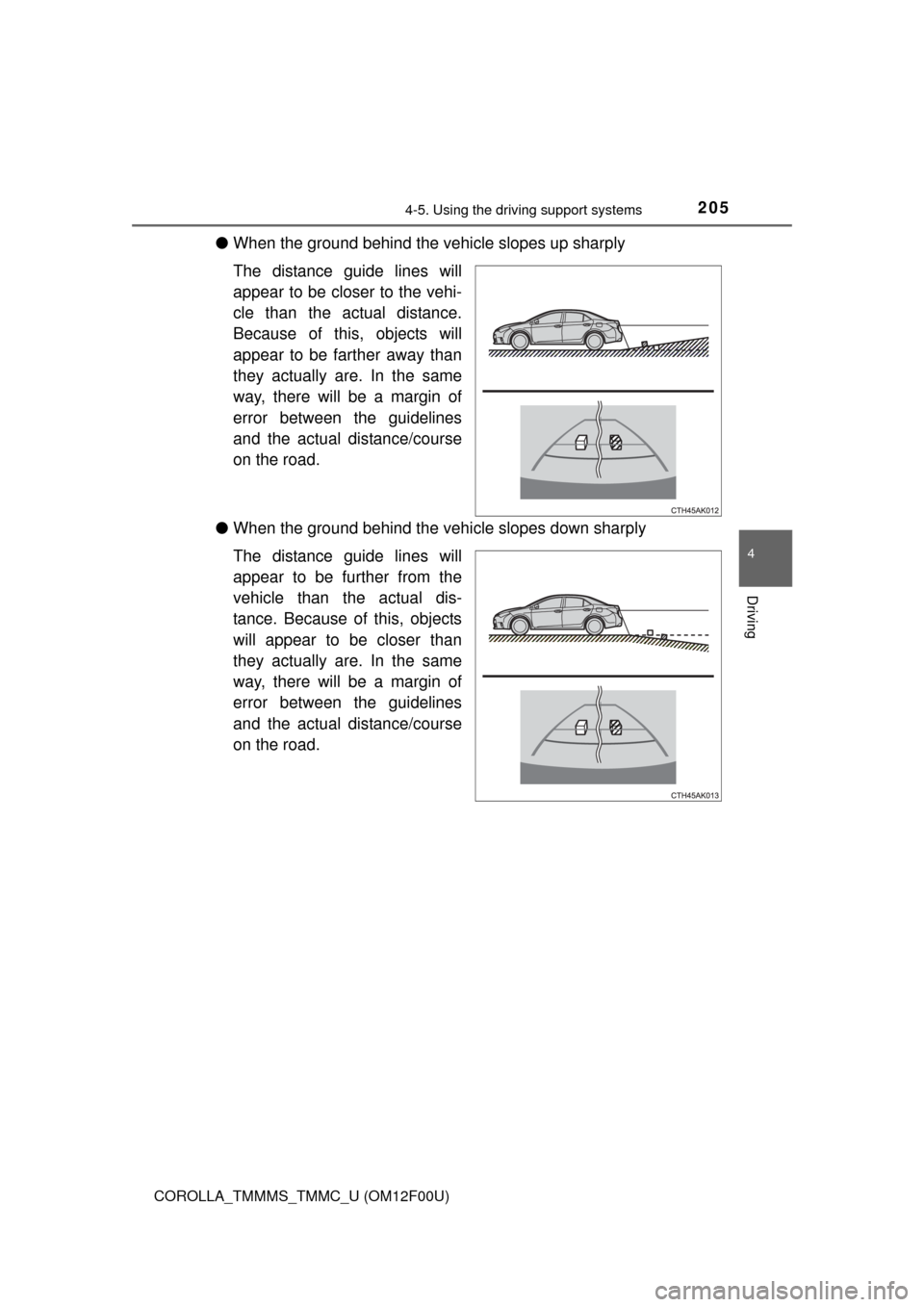 TOYOTA COROLLA 2014 11.G Owners Manual 2054-5. Using the driving support systems
4
Driving
COROLLA_TMMMS_TMMC_U (OM12F00U)
●When the ground behind the vehicle slopes up sharply
The distance guide lines will
appear to be closer to the veh TOYOTA COROLLA 2014 11.G Owners Manual 2054-5. Using the driving support systems
4
Driving
COROLLA_TMMMS_TMMC_U (OM12F00U)
●When the ground behind the vehicle slopes up sharply
The distance guide lines will
appear to be closer to the veh