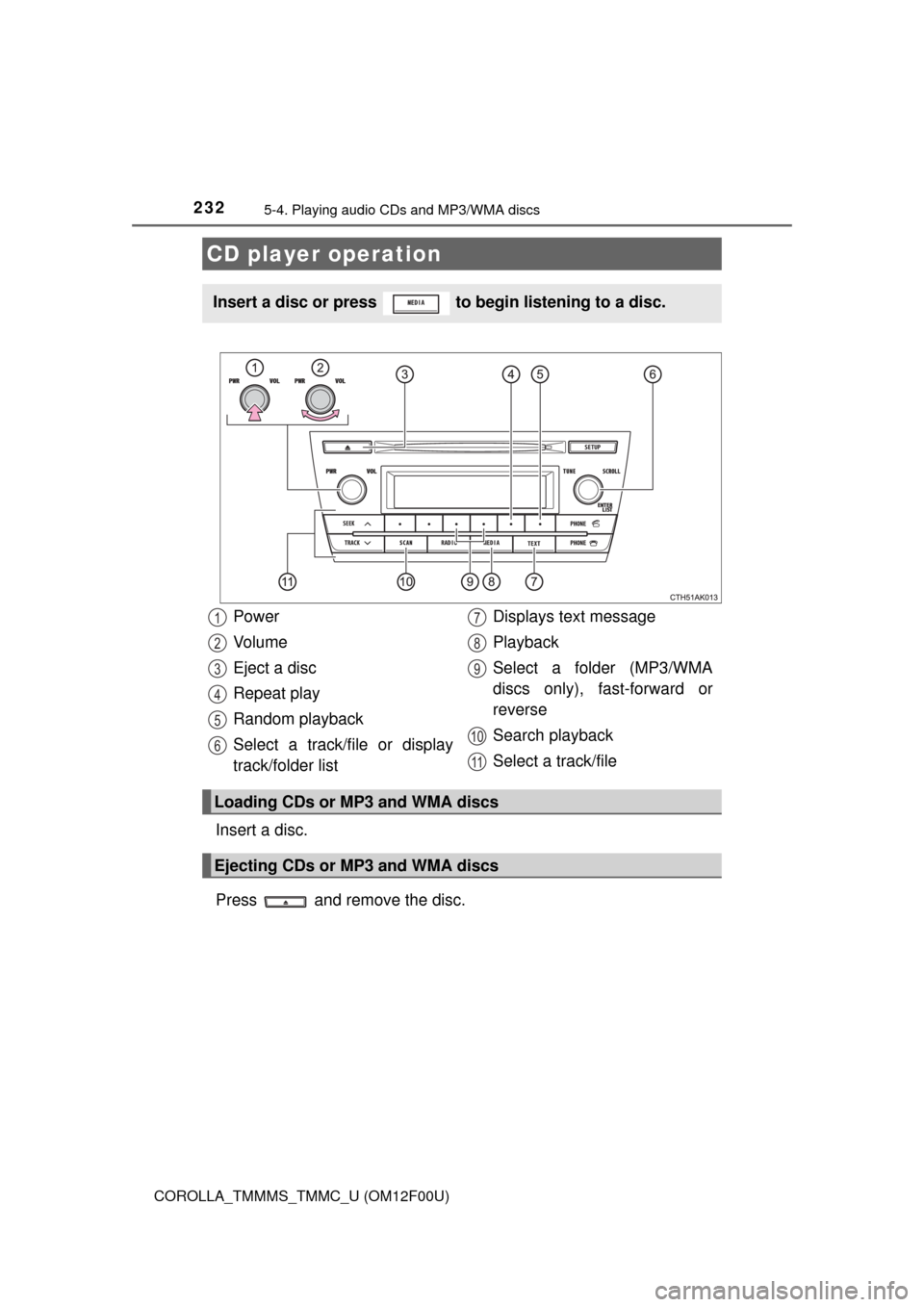 TOYOTA COROLLA 2014 11.G Owners Manual 232
COROLLA_TMMMS_TMMC_U (OM12F00U)
5-4. Playing audio CDs and MP3/WMA discs
Insert a disc.
Press and remove the disc.
CD player operation
Insert a disc or press to begin listening to a disc.
Powe TOYOTA COROLLA 2014 11.G Owners Manual 232
COROLLA_TMMMS_TMMC_U (OM12F00U)
5-4. Playing audio CDs and MP3/WMA discs
Insert a disc.
Press and remove the disc.
CD player operation
Insert a disc or press to begin listening to a disc.
Powe