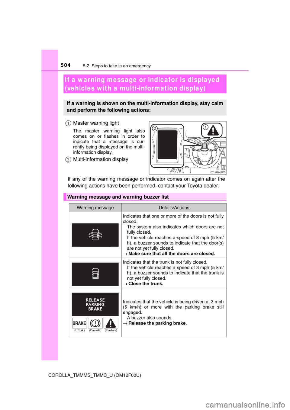 TOYOTA COROLLA 2014 11.G Workshop Manual 5048-2. Steps to take in an emergency
COROLLA_TMMMS_TMMC_U (OM12F00U)
Master warning light
The master warning light also
comes on or flashes in order to
indicate that a message is cur-
rently being di