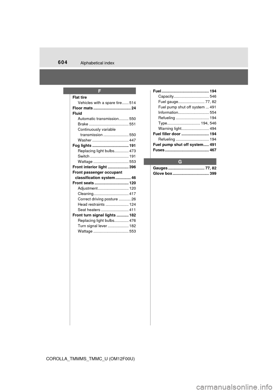 TOYOTA COROLLA 2014 11.G Owners Manual 604Alphabetical index
COROLLA_TMMMS_TMMC_U (OM12F00U)
Flat tire
Vehicles with a spare tire ...... 514
Floor mats .................................. 24
Fluid
Automatic transmission......... 550
Brake .