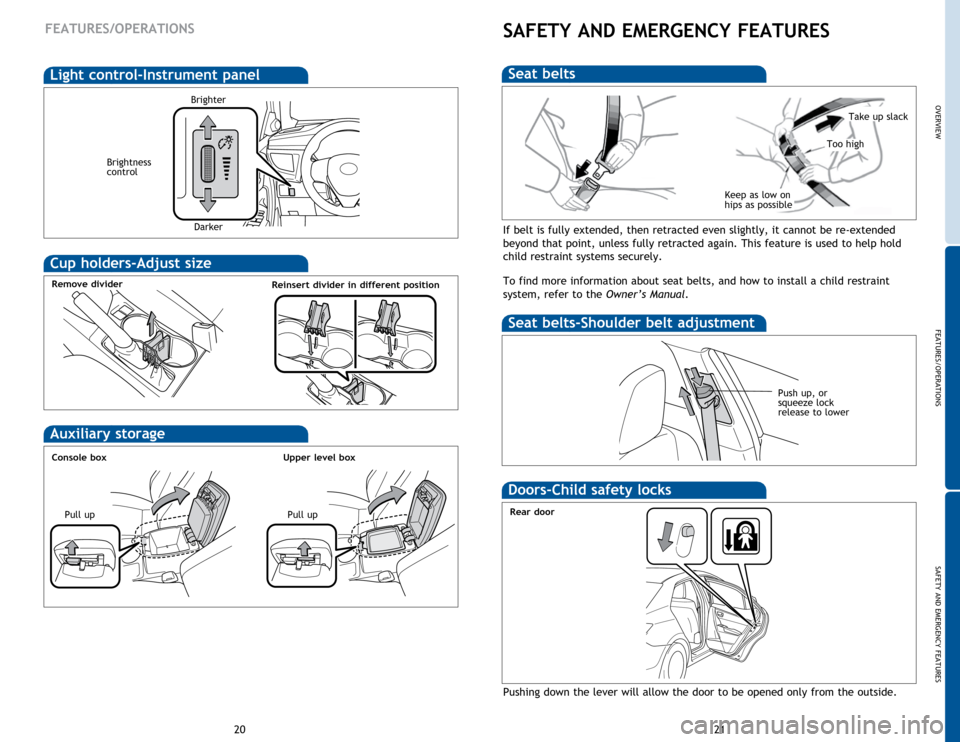 TOYOTA COROLLA 2014 11.G Quick Reference Guide OVERVIEW
FEATURES/OPERATIONS
SAFETY AND EMERGENCY FEATURES
21
20
FEATURES/OPERATIONS
If belt is fully extended, then retracted even slightly, it cannot be re-extended 
beyond that point, unless fully 