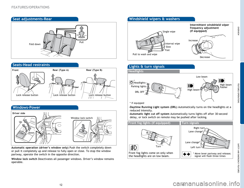 TOYOTA COROLLA 2014 11.G Quick Reference Guide OVERVIEW
FEATURES/OPERATIONS
SAFETY AND EMERGENCY FEATURES
1213
FEATURES/OPERATIONS
Front fog lights (if equipped)
Front fog lights come on only when
the headlights are on low beam.
Turn
Turn signals TOYOTA COROLLA 2014 11.G Quick Reference Guide OVERVIEW
FEATURES/OPERATIONS
SAFETY AND EMERGENCY FEATURES
1213
FEATURES/OPERATIONS
Front fog lights (if equipped)
Front fog lights come on only when
the headlights are on low beam.
Turn
Turn signals