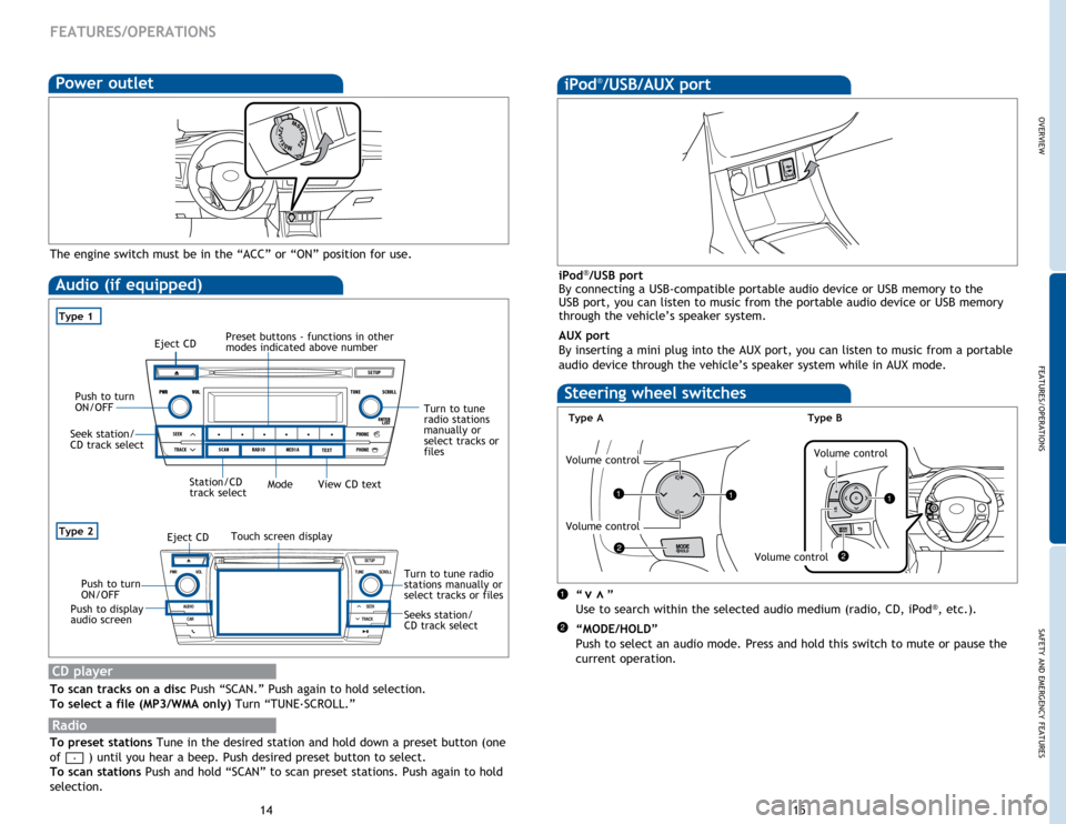 TOYOTA COROLLA 2014 11.G Quick Reference Guide OVERVIEWFEATURES/OPERATIONS
SAFETY AND EMERGENCY FEATURES
14 15
FEATURES/OPERATIONS
Radio
To preset stations Tune in the desired station and hold down a preset button (one
of
) until you hear a bee TOYOTA COROLLA 2014 11.G Quick Reference Guide OVERVIEWFEATURES/OPERATIONS
SAFETY AND EMERGENCY FEATURES
14 15
FEATURES/OPERATIONS
Radio
To preset stations Tune in the desired station and hold down a preset button (one
of
) until you hear a bee