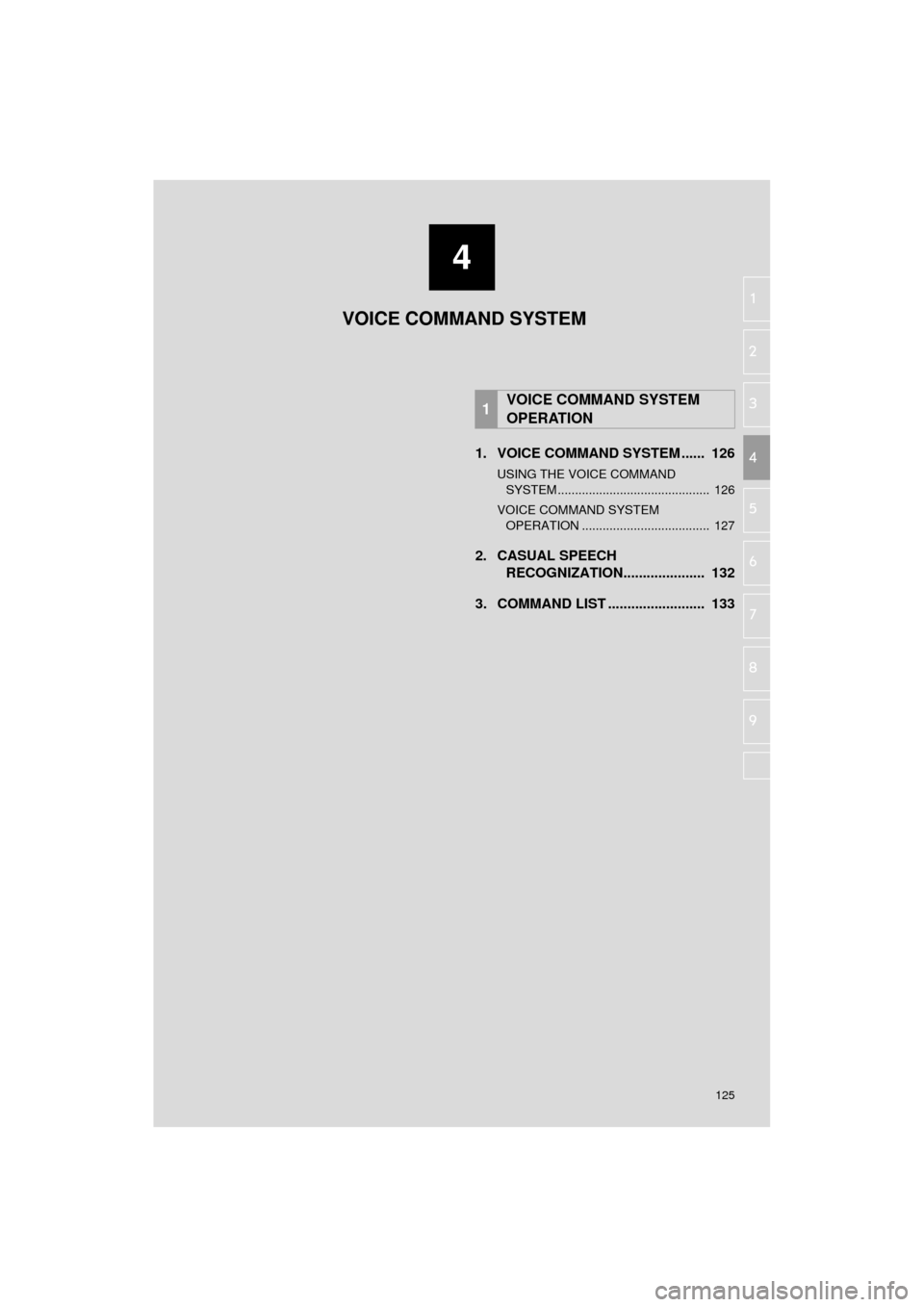 TOYOTA COROLLA 2015 11.G Navigation Manual 4
125
COROLLA_13CY_Navi_U
5
6
7
8
9
1
2
3
4
1. VOICE COMMAND SYSTEM ......  126
USING THE VOICE COMMAND 
SYSTEM ............................................  126
VOICE COMMAND SYSTEM  OPERATION ......