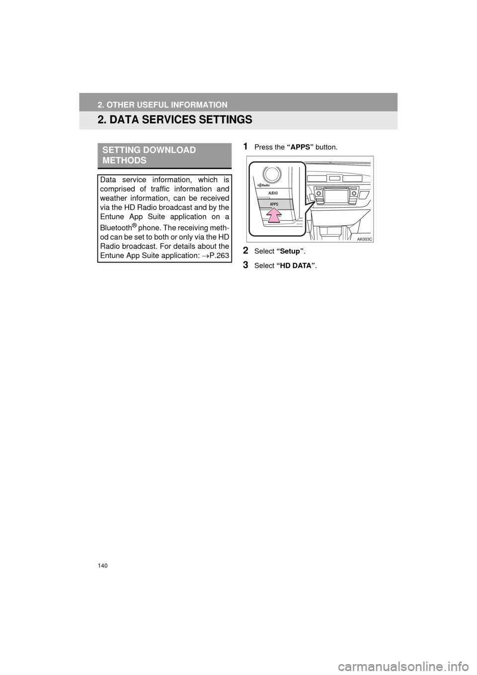 TOYOTA COROLLA 2015 11.G Navigation Manual 140
2. OTHER USEFUL INFORMATION
COROLLA_13CY_Navi_U
2. DATA SERVICES SETTINGS
1Press the “APPS” button.
2Select “Setup”.
3Select “HD DATA” .
SETTING DOWNLOAD 
METHODS
Data service informat