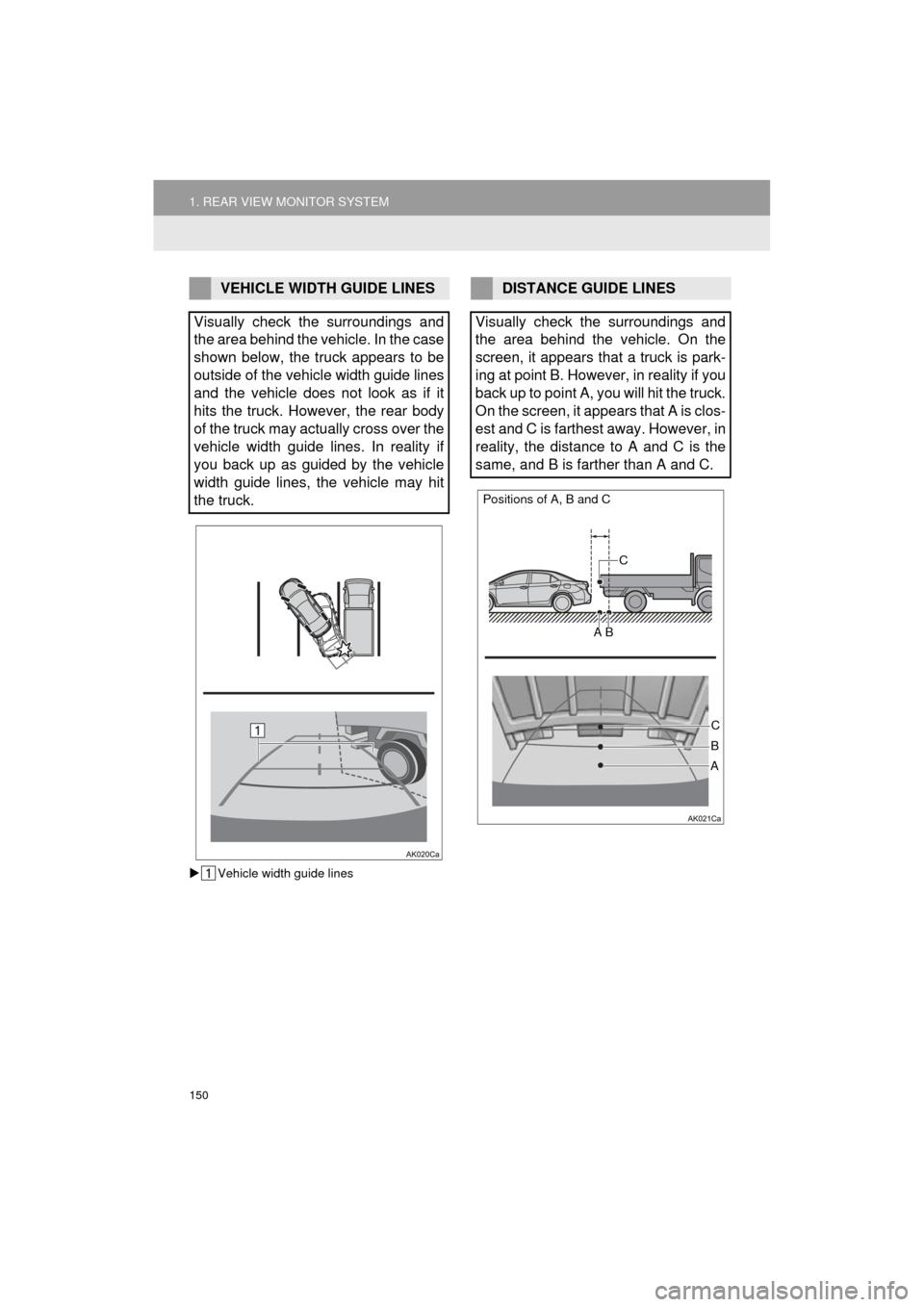 TOYOTA COROLLA 2015 11.G Navigation Manual 150
1. REAR VIEW MONITOR SYSTEM
COROLLA_13CY_Navi_U
Vehicle width guide lines
VEHICLE WIDTH GUIDE LINES
Visually check the surroundings and
the area behind the vehicle. In the case
shown below, the TOYOTA COROLLA 2015 11.G Navigation Manual 150
1. REAR VIEW MONITOR SYSTEM
COROLLA_13CY_Navi_U
Vehicle width guide lines
VEHICLE WIDTH GUIDE LINES
Visually check the surroundings and
the area behind the vehicle. In the case
shown below, the
