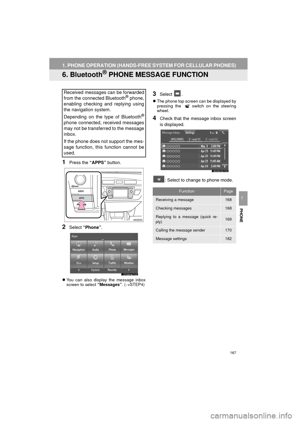 TOYOTA COROLLA 2015 11.G Navigation Manual 167
1. PHONE OPERATION (HANDS-FREE SYSTEM FOR CELLULAR PHONES)
COROLLA_13CY_Navi_U
PHONE
7
6. Bluetooth® PHONE MESSAGE FUNCTION
1Press the “APPS” button.
2Select “Phone” .
You can also dis TOYOTA COROLLA 2015 11.G Navigation Manual 167
1. PHONE OPERATION (HANDS-FREE SYSTEM FOR CELLULAR PHONES)
COROLLA_13CY_Navi_U
PHONE
7
6. Bluetooth® PHONE MESSAGE FUNCTION
1Press the “APPS” button.
2Select “Phone” .
You can also dis