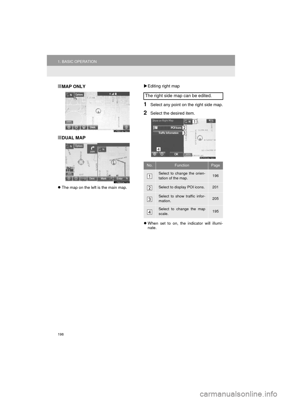 TOYOTA COROLLA 2015 11.G Navigation Manual 198
1. BASIC OPERATION
COROLLA_13CY_Navi_U
■MAP ONLY
■DUAL MAP
The map on the left is the main map.
Editing right map
1Select any point on the right side map.
2Select the desired item. 
 