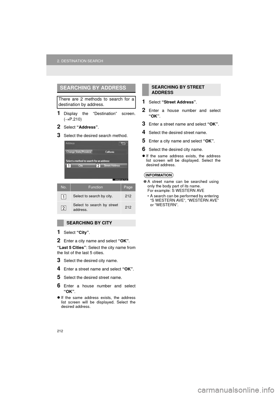 TOYOTA COROLLA 2015 11.G Navigation Manual 212
2. DESTINATION SEARCH
COROLLA_13CY_Navi_U
1Display the “Destination” screen.
(P.210)
2Select “Address” .
3Select the desired search method.
1Select “City”.
2Enter a city name and se