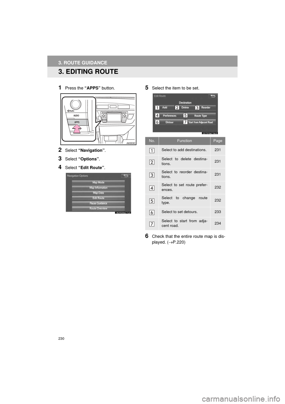 TOYOTA COROLLA 2015 11.G Navigation Manual 230
COROLLA_13CY_Navi_U
3. ROUTE GUIDANCE
3. EDITING ROUTE
1Press the “APPS” button.
2Select “Navigation” .
3Select “Options”.
4Select “Edit Route” .
5Select the item to be set.
6Check TOYOTA COROLLA 2015 11.G Navigation Manual 230
COROLLA_13CY_Navi_U
3. ROUTE GUIDANCE
3. EDITING ROUTE
1Press the “APPS” button.
2Select “Navigation” .
3Select “Options”.
4Select “Edit Route” .
5Select the item to be set.
6Check